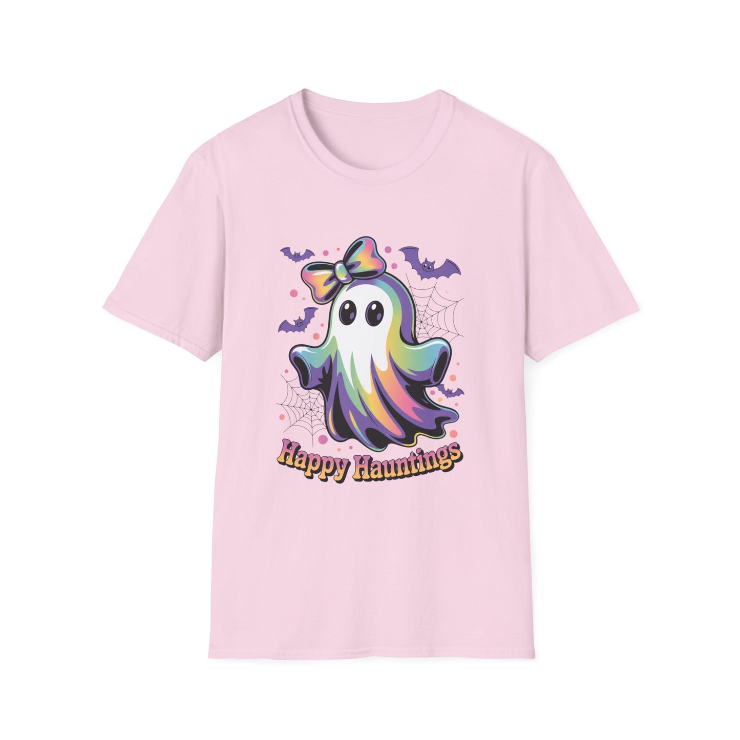 Happy Hauntings Unisex Softstyle T-Shirt - Ghostlike Pop-Art Mascot Tee, Halloween Trick-or-Treat Apparel