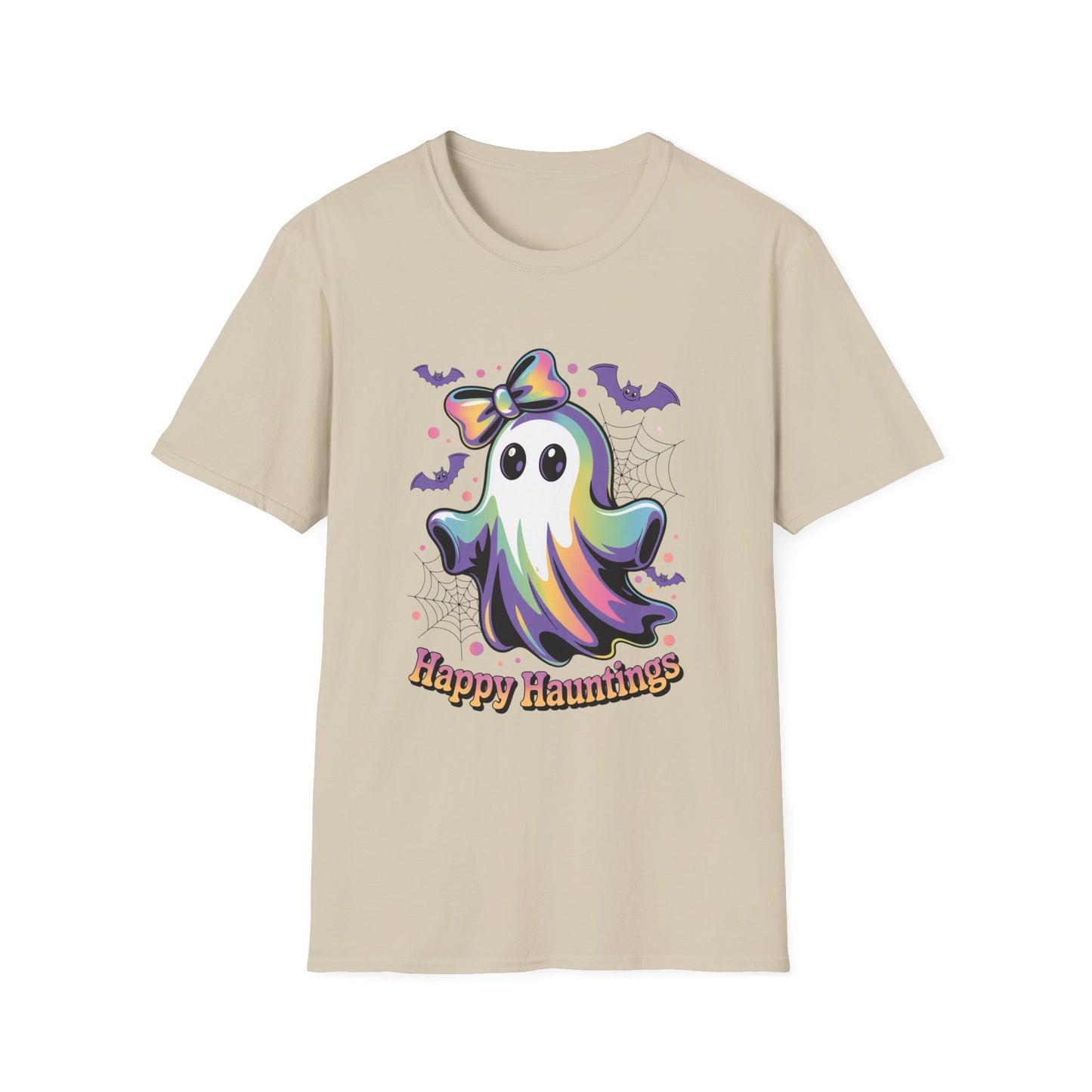 Happy Hauntings Unisex Softstyle T-Shirt - Ghostlike Pop-Art Mascot Tee, Halloween Trick-or-Treat Apparel