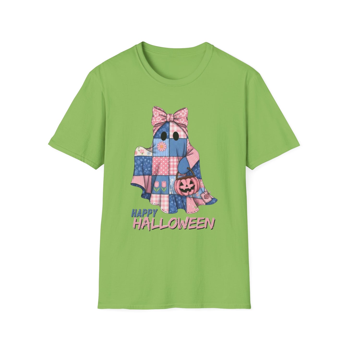 Patch and Boo, Spooky Happy Plush Character Unisex Softstyle T-Shirt, Halloween Trick-or-Treat Apparel, Stitched Style Shirt