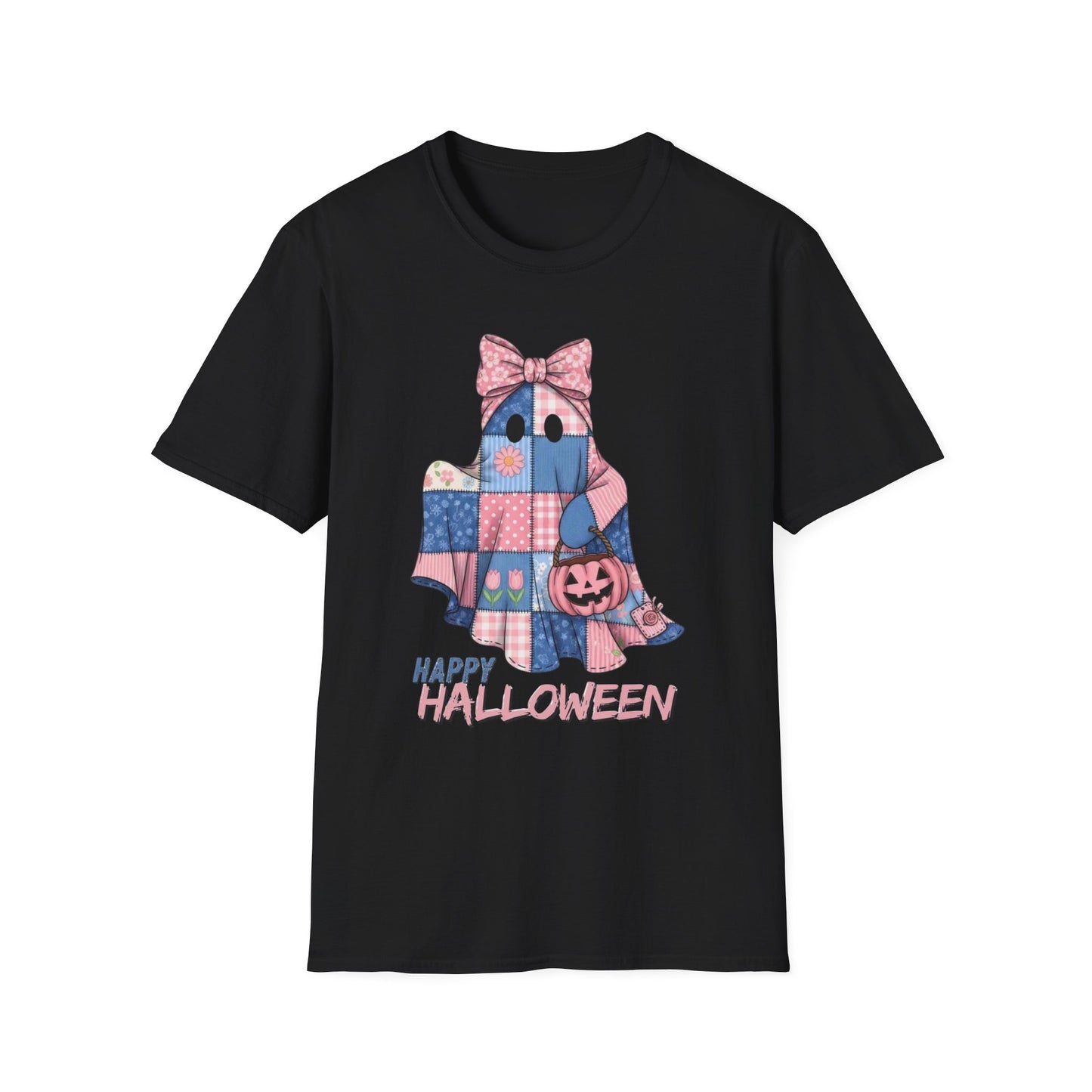 Patch and Boo, Spooky Happy Plush Character Unisex Softstyle T-Shirt, Halloween Trick-or-Treat Apparel, Stitched Style Shirt