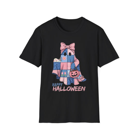 Patch and Boo, Spooky Happy Plush Character Unisex Softstyle T-Shirt, Halloween Trick-or-Treat Apparel, Stitched Style Shirt