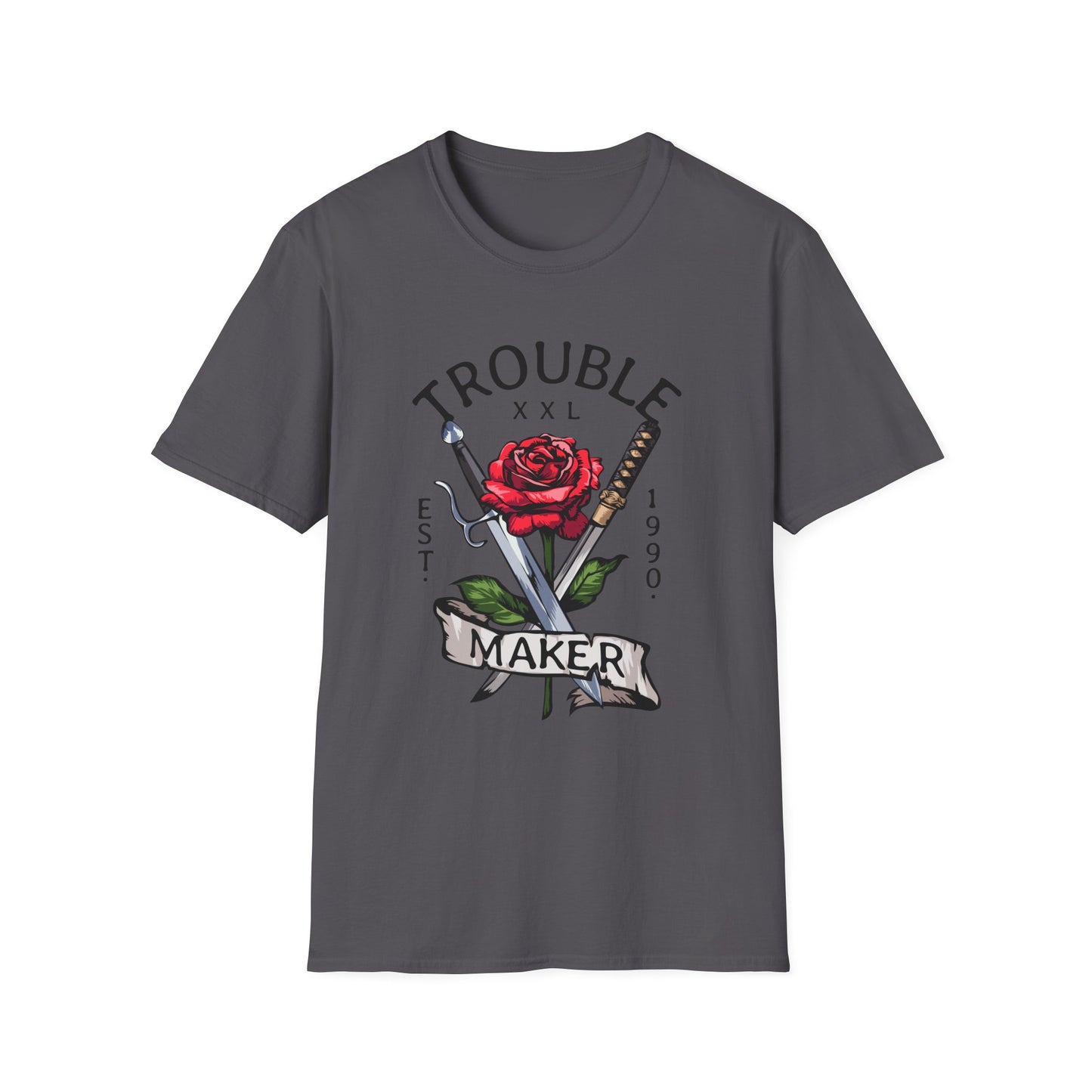 Trouble Maker Graphic T-Shirt with Red Rose and Swords Design