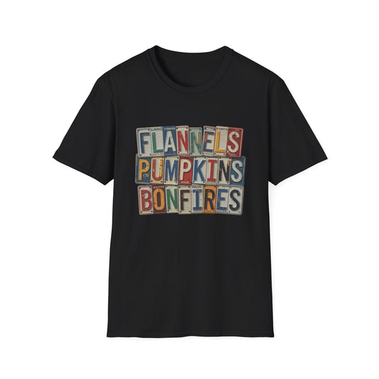 “Flannels, Pumpkins & Bonfires” Tee – License Plate Layers Edition
