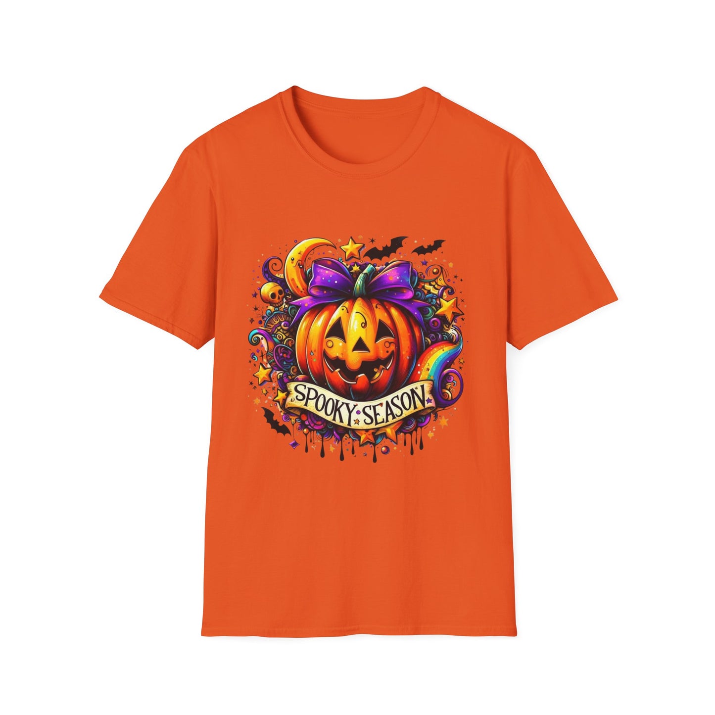 Jack-O'-Lantern Celebration Softstyle T-Shirt, Halloween Shirt, Colorful Pop Art Tee, Festive Chaos Top, Sparkly Rainbow Swirl Tshirt