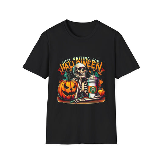 Just Waiting For Halloween Softstyle T-Shirt, Halloween Shirt, Formal Skeleton Shirt, Funny Skeleton Satire Shirt