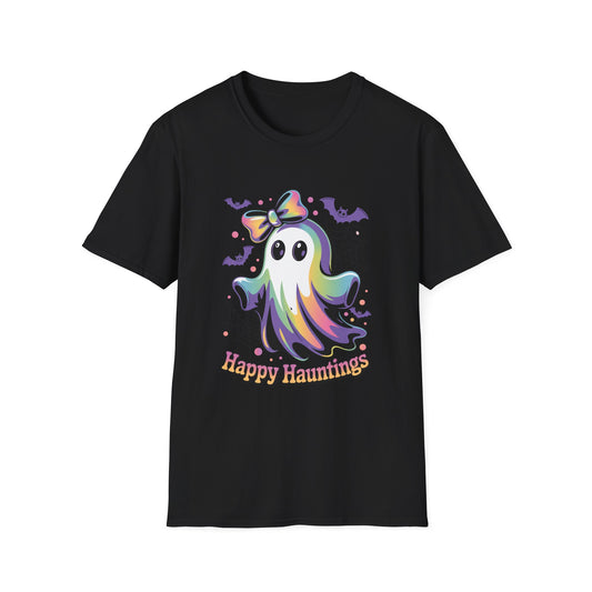 Happy Hauntings Unisex Softstyle T-Shirt - Ghostlike Pop-Art Mascot Tee, Halloween Trick-or-Treat Apparel