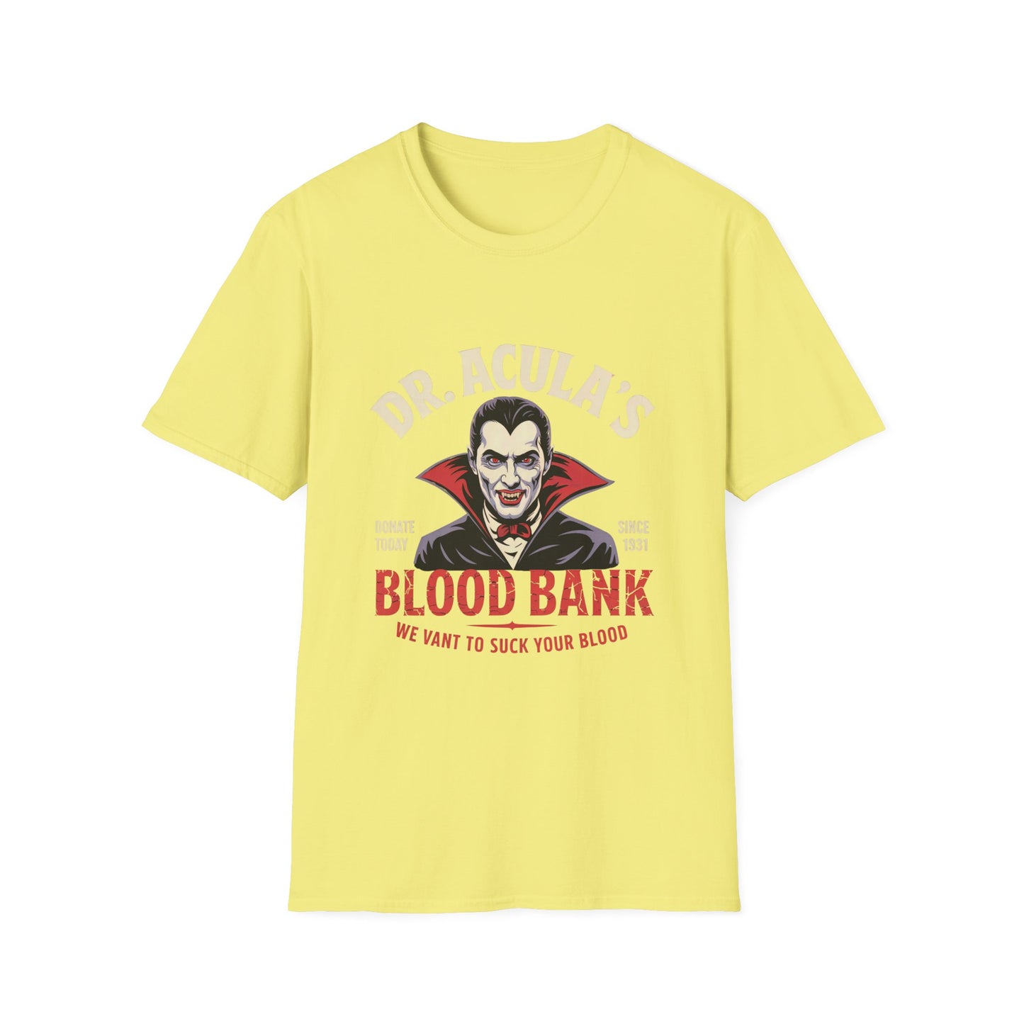 Dr. Acula's Blood Bank Softstyle T-Shirt, Halloween Shirt, Colorful Pop Art Tee, Funny Dracula Satire Shirt, Blood Bank