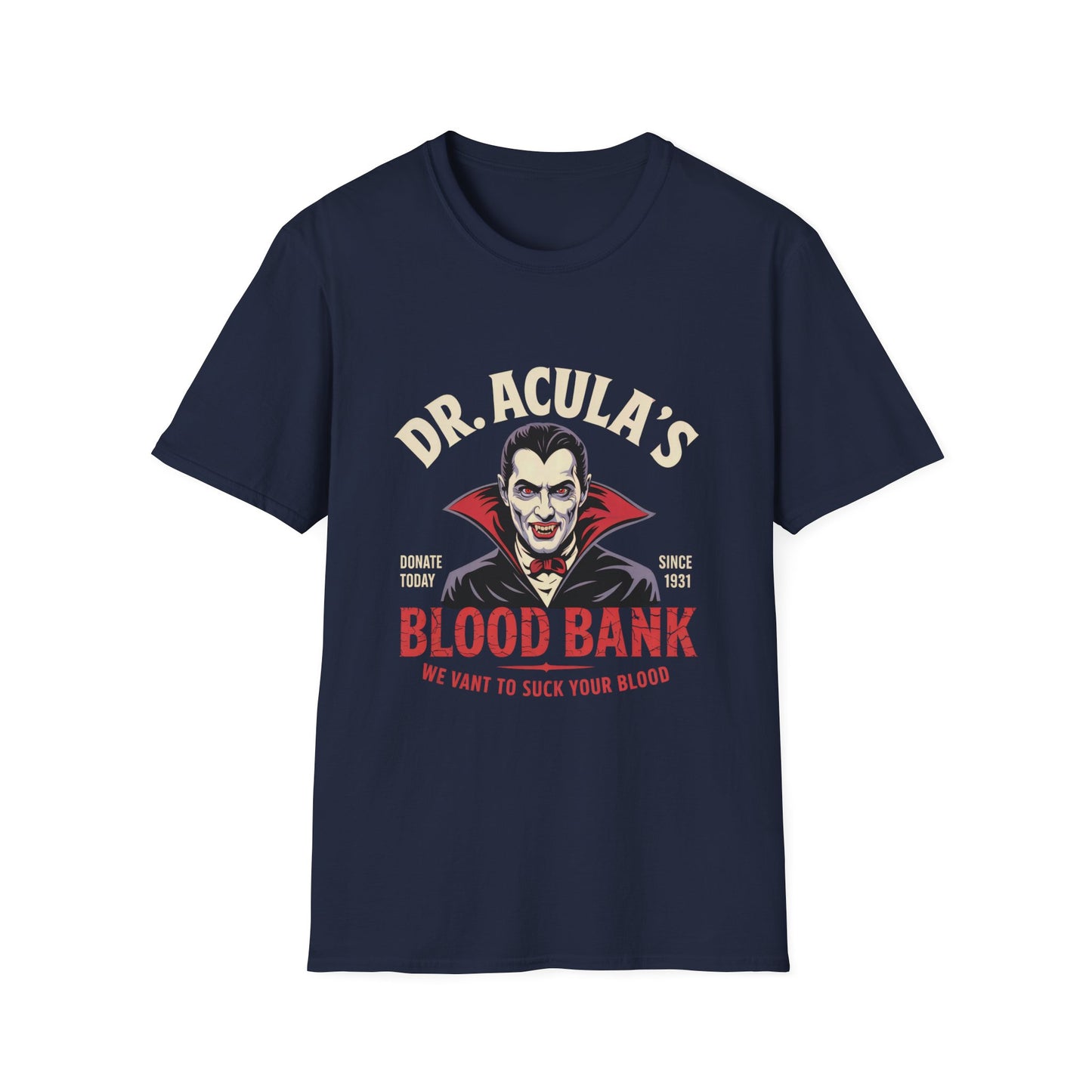 Dr. Acula's Blood Bank Softstyle T-Shirt, Halloween Shirt, Colorful Pop Art Tee, Funny Dracula Satire Shirt, Blood Bank