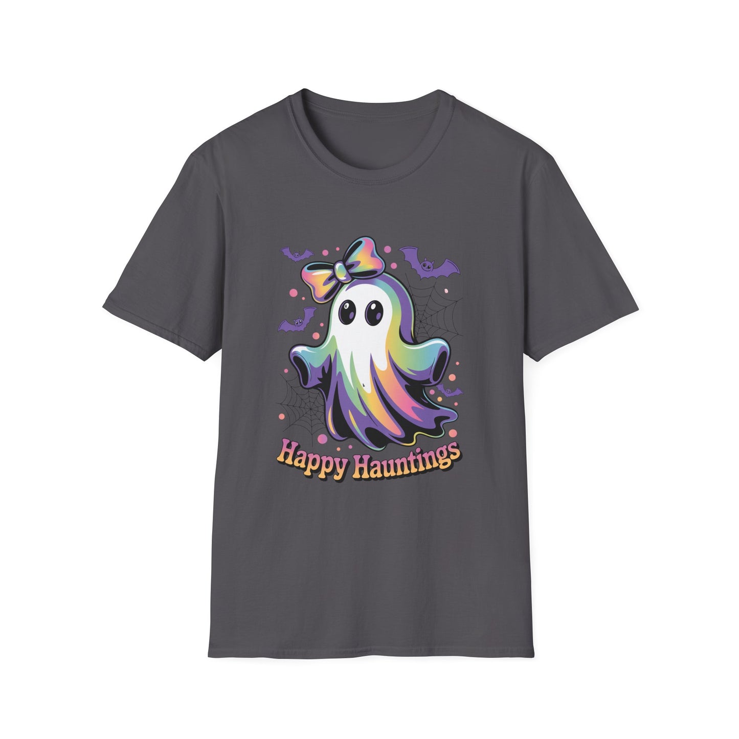 Happy Hauntings Unisex Softstyle T-Shirt - Ghostlike Pop-Art Mascot Tee, Halloween Trick-or-Treat Apparel