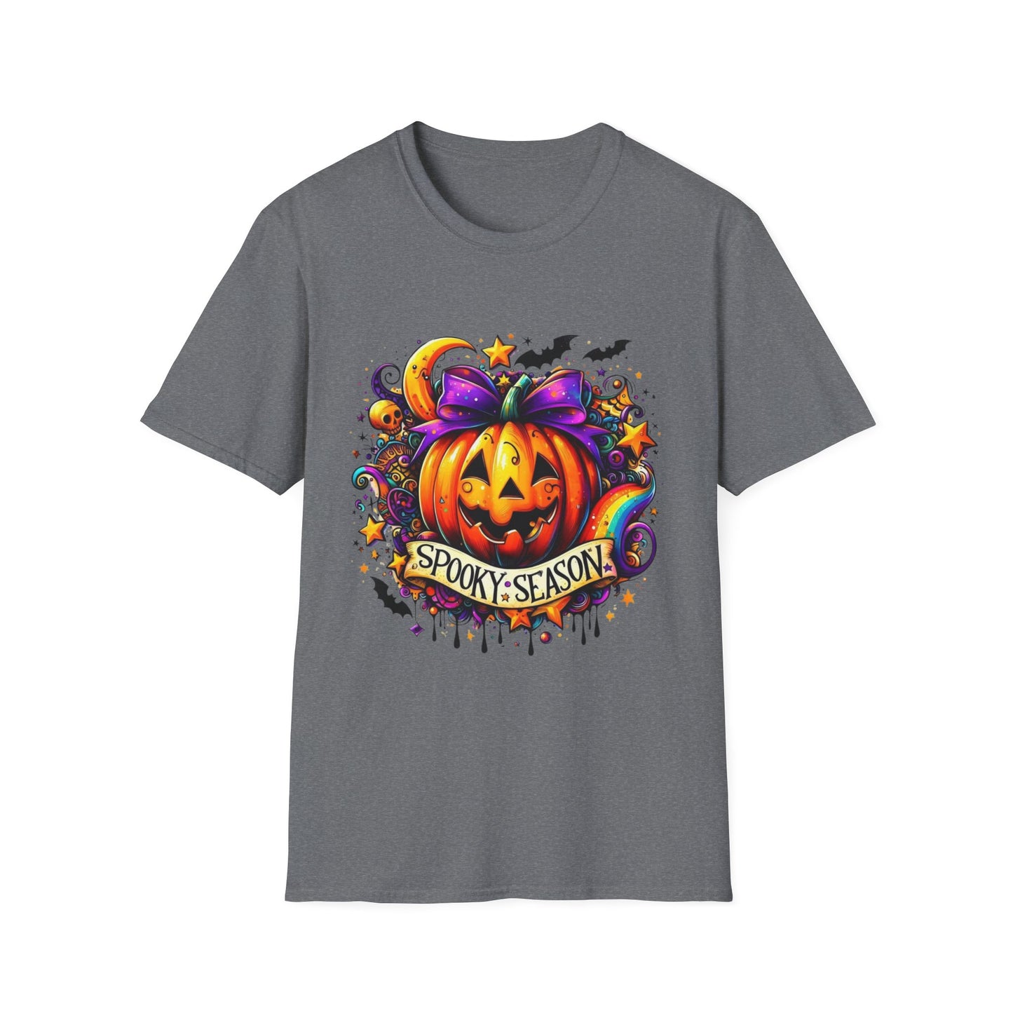 Jack-O'-Lantern Celebration Softstyle T-Shirt, Halloween Shirt, Colorful Pop Art Tee, Festive Chaos Top, Sparkly Rainbow Swirl Tshirt
