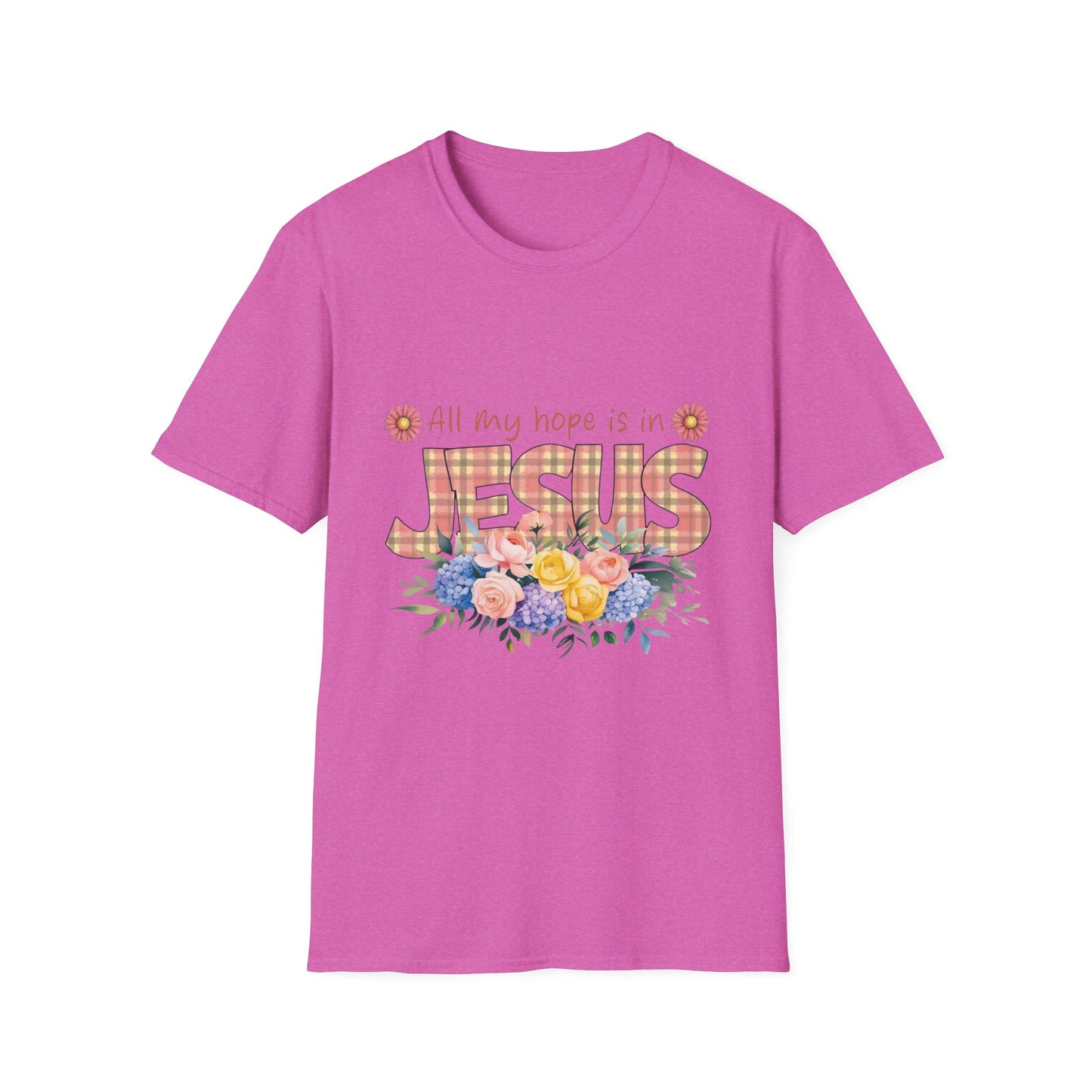 All My Hope Is in Jesus – Floral Faith Tee with Plaid Lettering