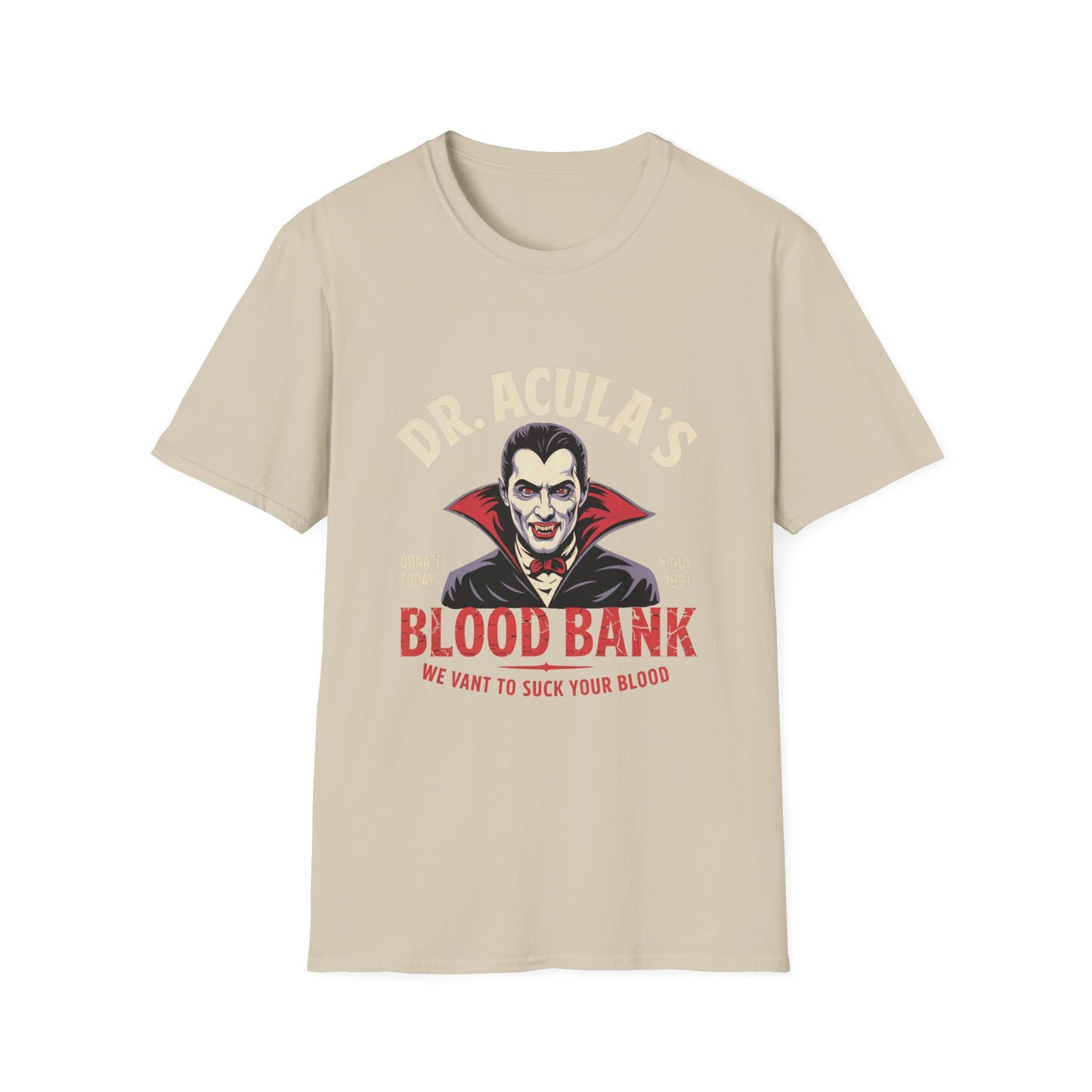 Dr. Acula's Blood Bank Softstyle T-Shirt, Halloween Shirt, Colorful Pop Art Tee, Funny Dracula Satire Shirt, Blood Bank