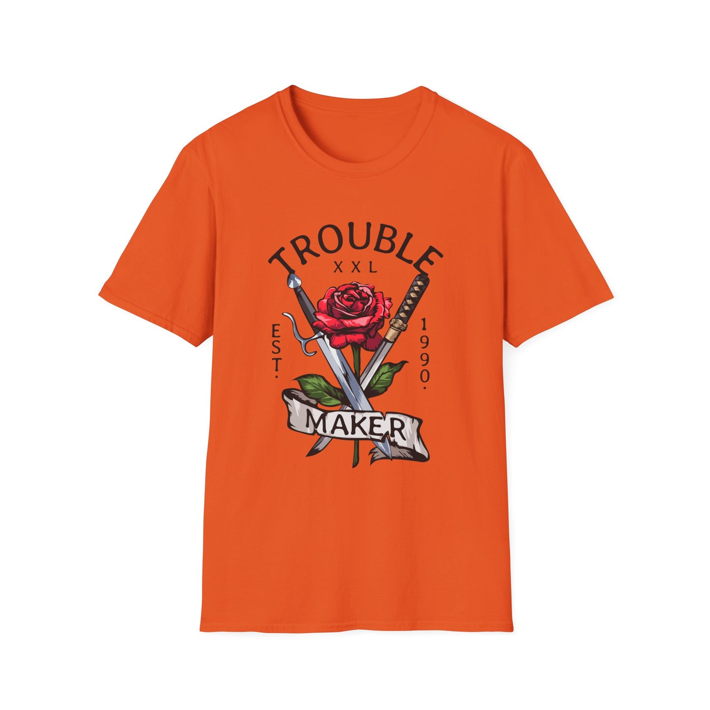 Trouble Maker Graphic T-Shirt with Red Rose and Swords Design