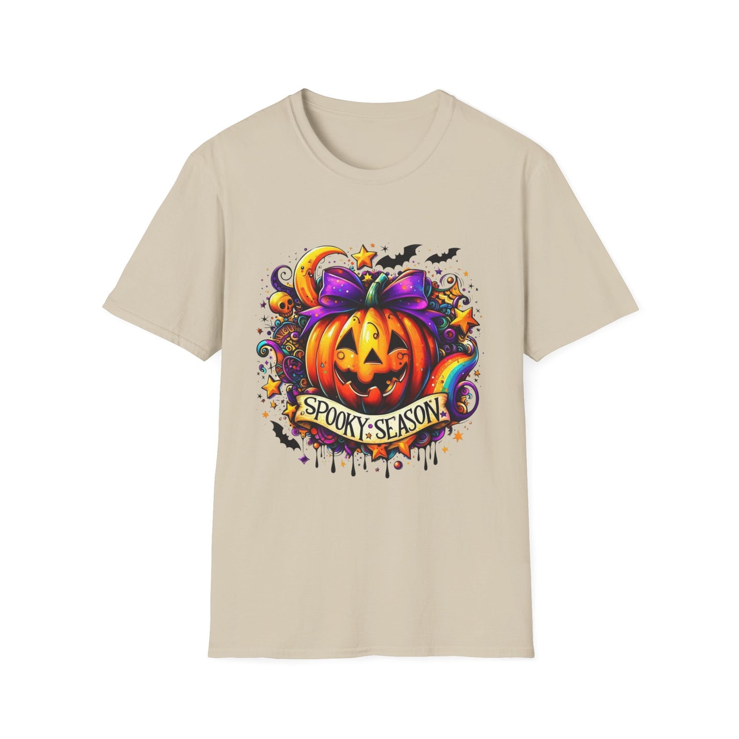 Jack-O'-Lantern Celebration Softstyle T-Shirt, Halloween Shirt, Colorful Pop Art Tee, Festive Chaos Top, Sparkly Rainbow Swirl Tshirt