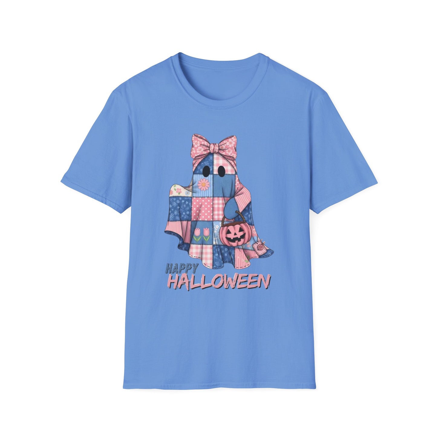 Patch and Boo, Spooky Happy Plush Character Unisex Softstyle T-Shirt, Halloween Trick-or-Treat Apparel, Stitched Style Shirt