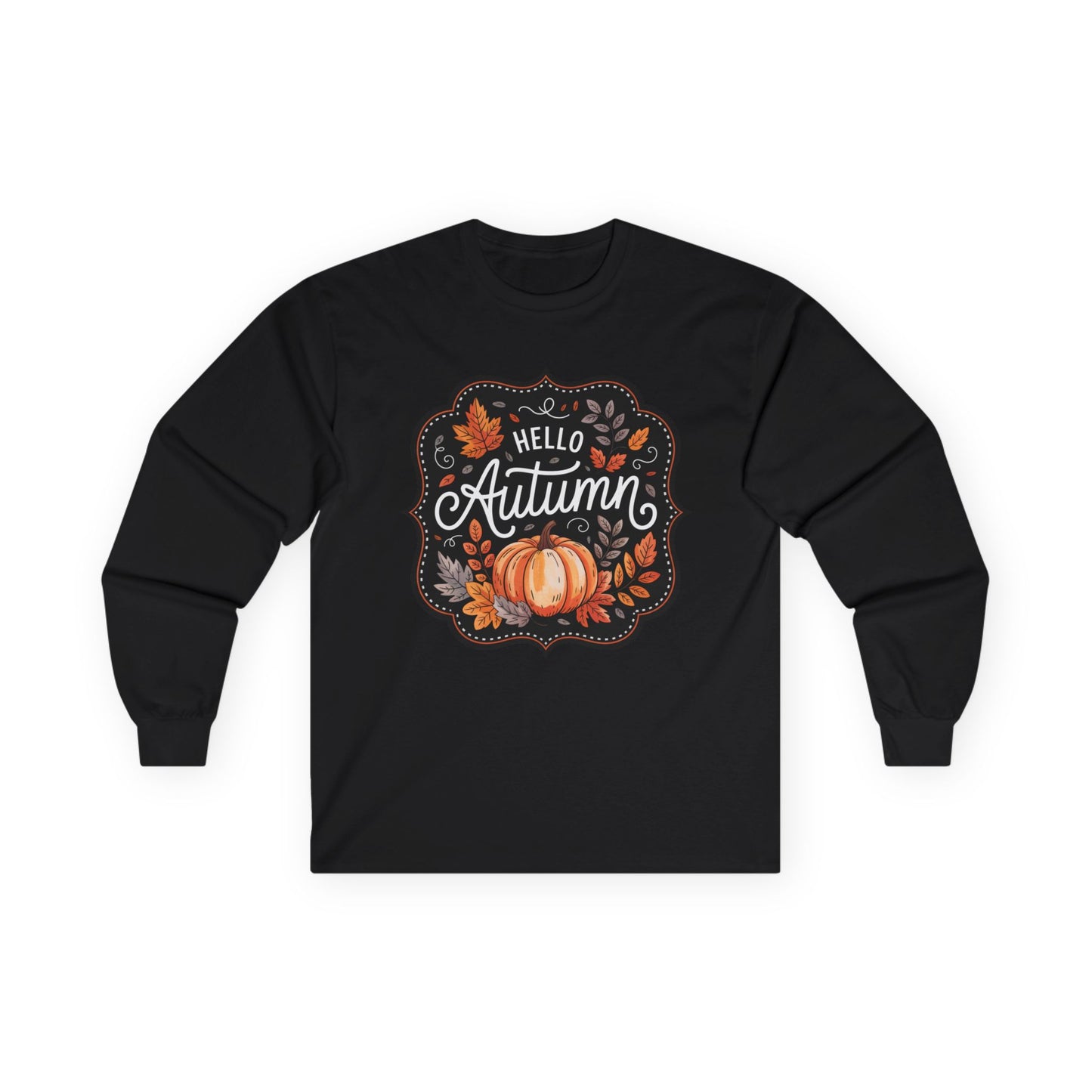 “Hello Autumn” Long Sleeve Tee – Pumpkin & Leaves Edition