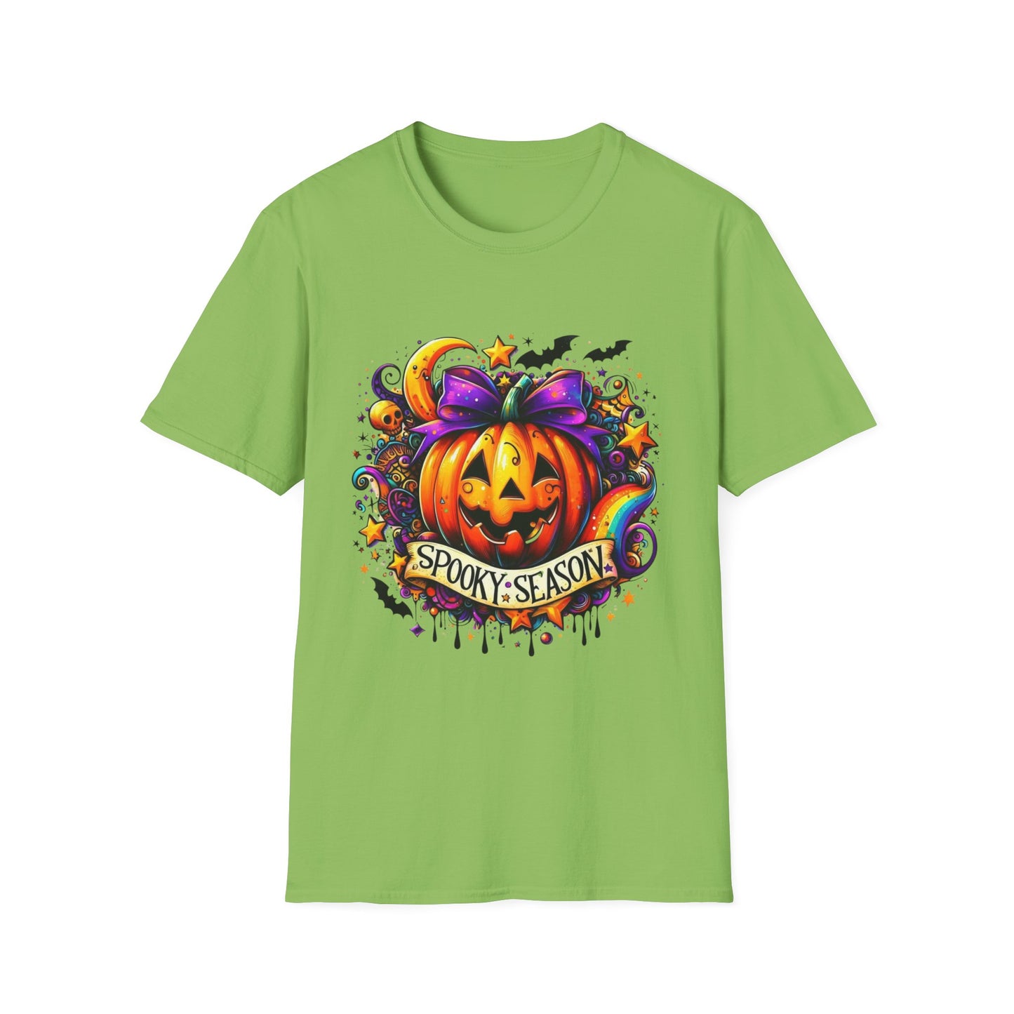 Jack-O'-Lantern Celebration Softstyle T-Shirt, Halloween Shirt, Colorful Pop Art Tee, Festive Chaos Top, Sparkly Rainbow Swirl Tshirt