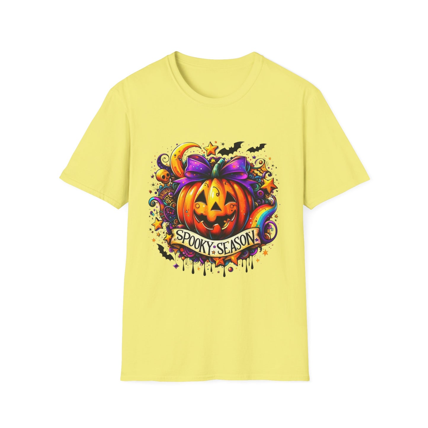 Jack-O'-Lantern Celebration Softstyle T-Shirt, Halloween Shirt, Colorful Pop Art Tee, Festive Chaos Top, Sparkly Rainbow Swirl Tshirt
