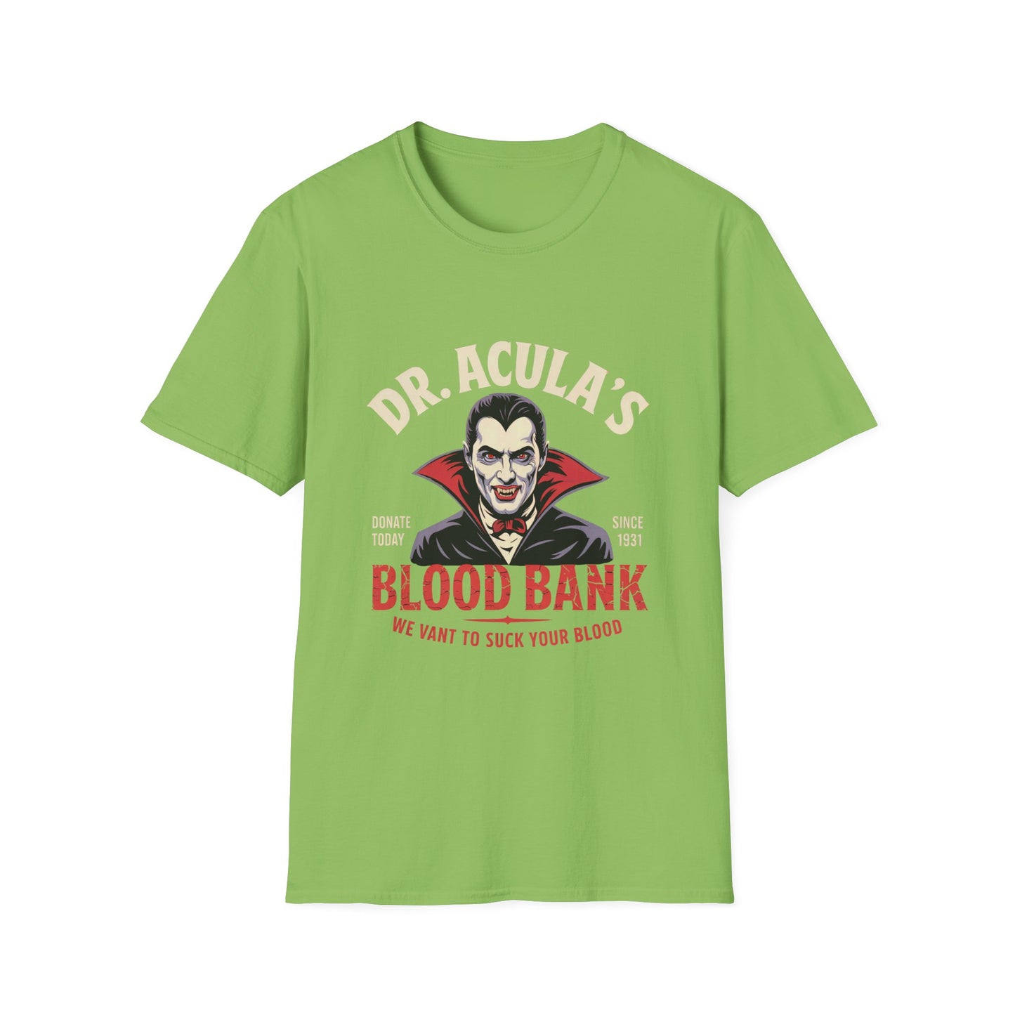 Dr. Acula's Blood Bank Softstyle T-Shirt, Halloween Shirt, Colorful Pop Art Tee, Funny Dracula Satire Shirt, Blood Bank