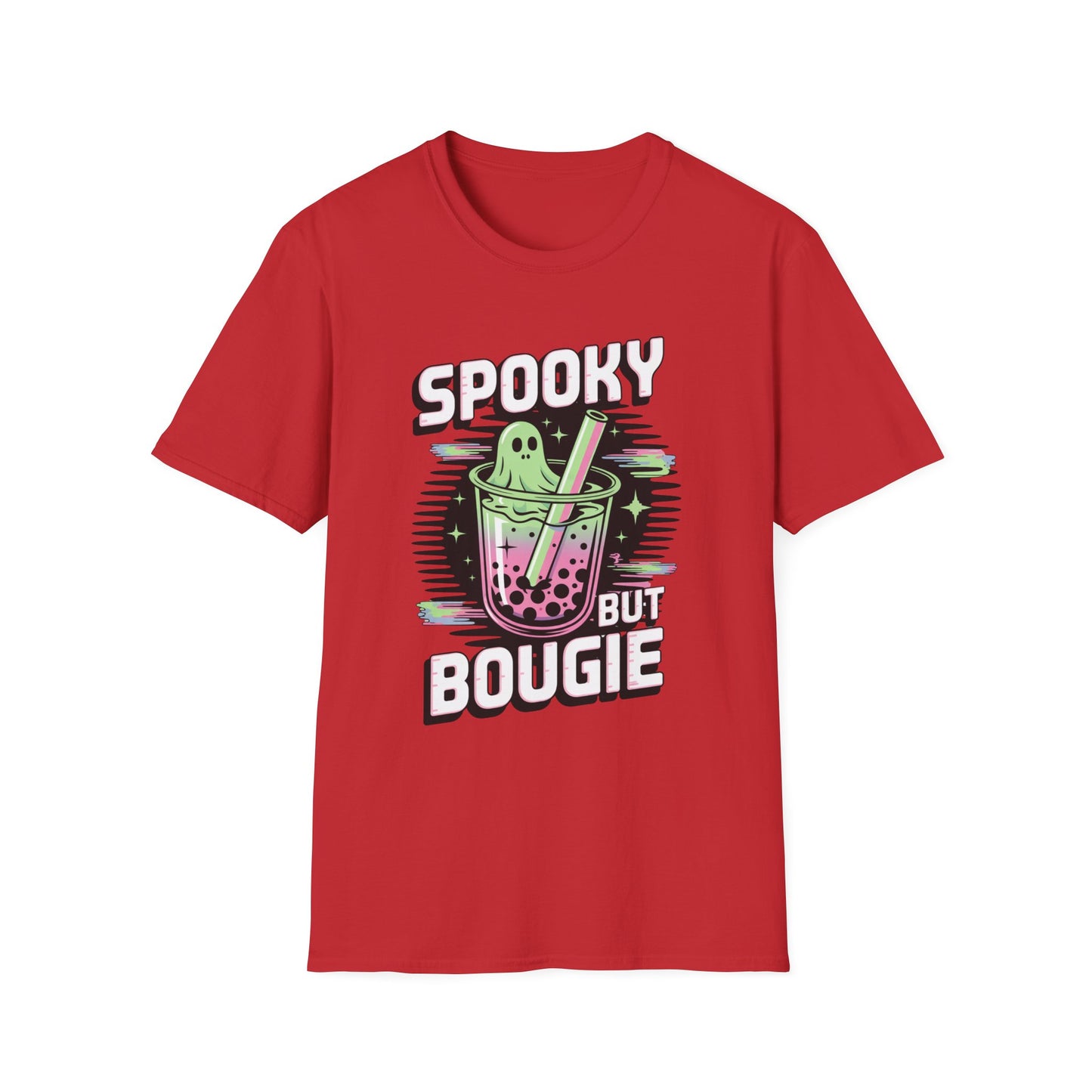 Ghostly Bubble Tea Unisex Softstyle T-Shirt, Spooky Sip, Halloween Tee, Bougie Spirit Shirt, Pastel Sparkles Shirt, Haunted Beverage Top