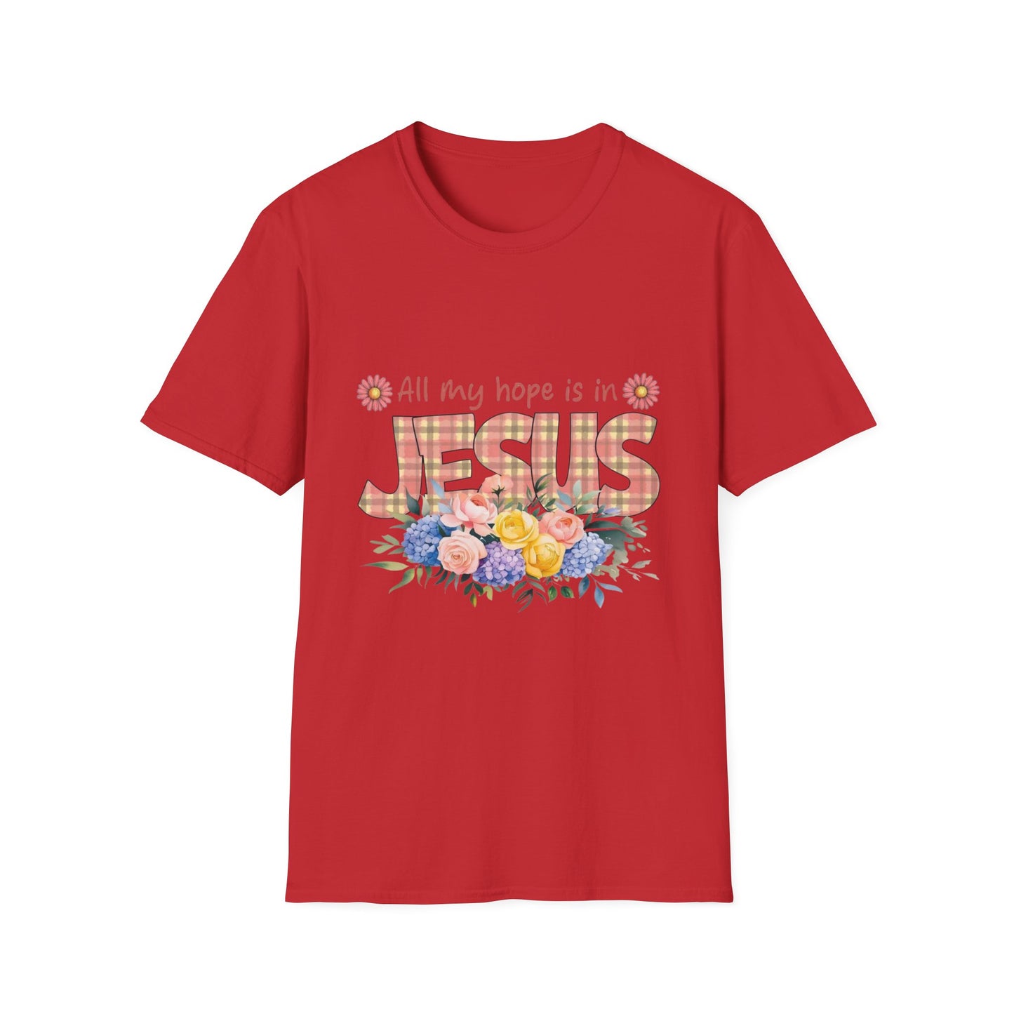 All My Hope Is in Jesus – Floral Faith Tee with Plaid Lettering
