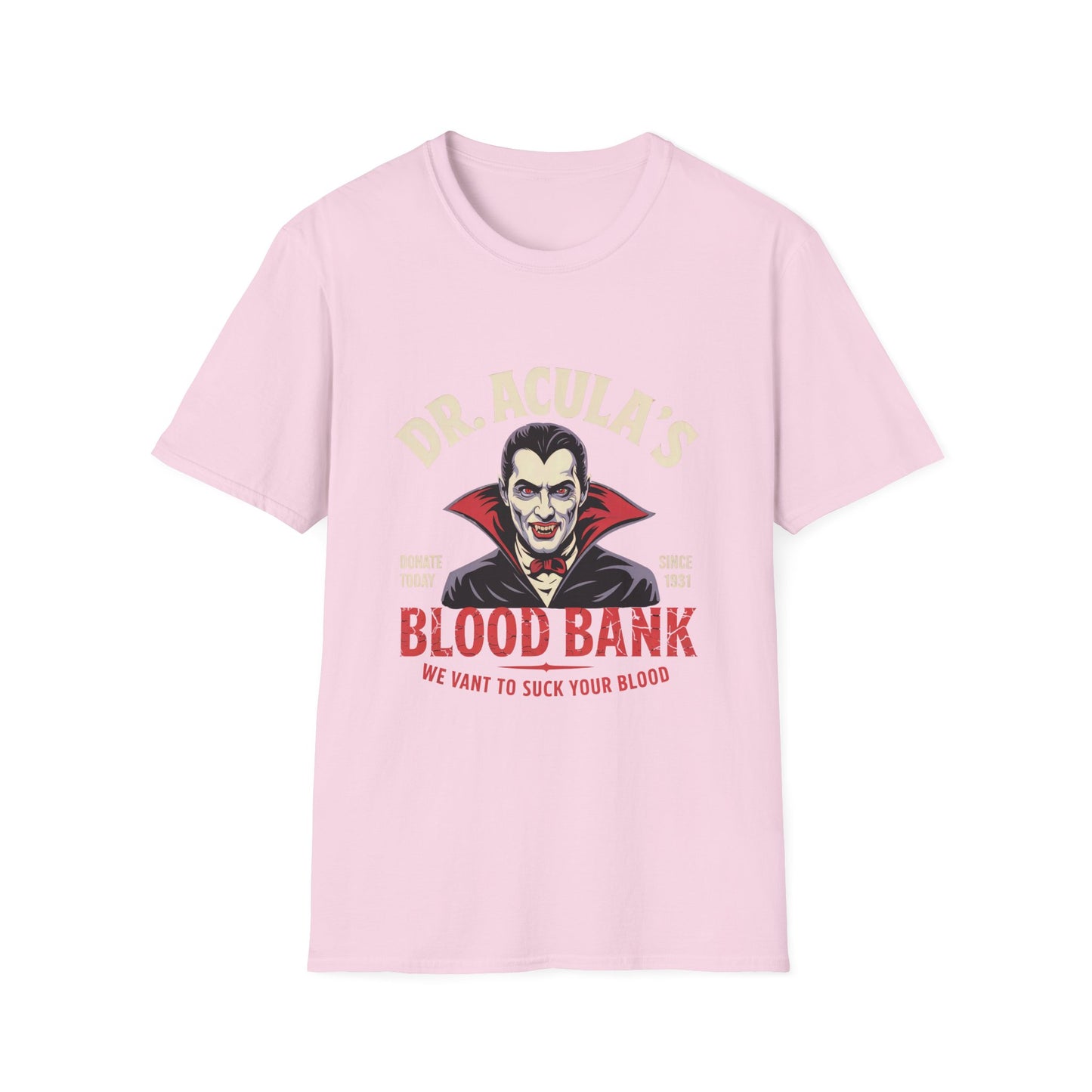 Dr. Acula's Blood Bank Softstyle T-Shirt, Halloween Shirt, Colorful Pop Art Tee, Funny Dracula Satire Shirt, Blood Bank