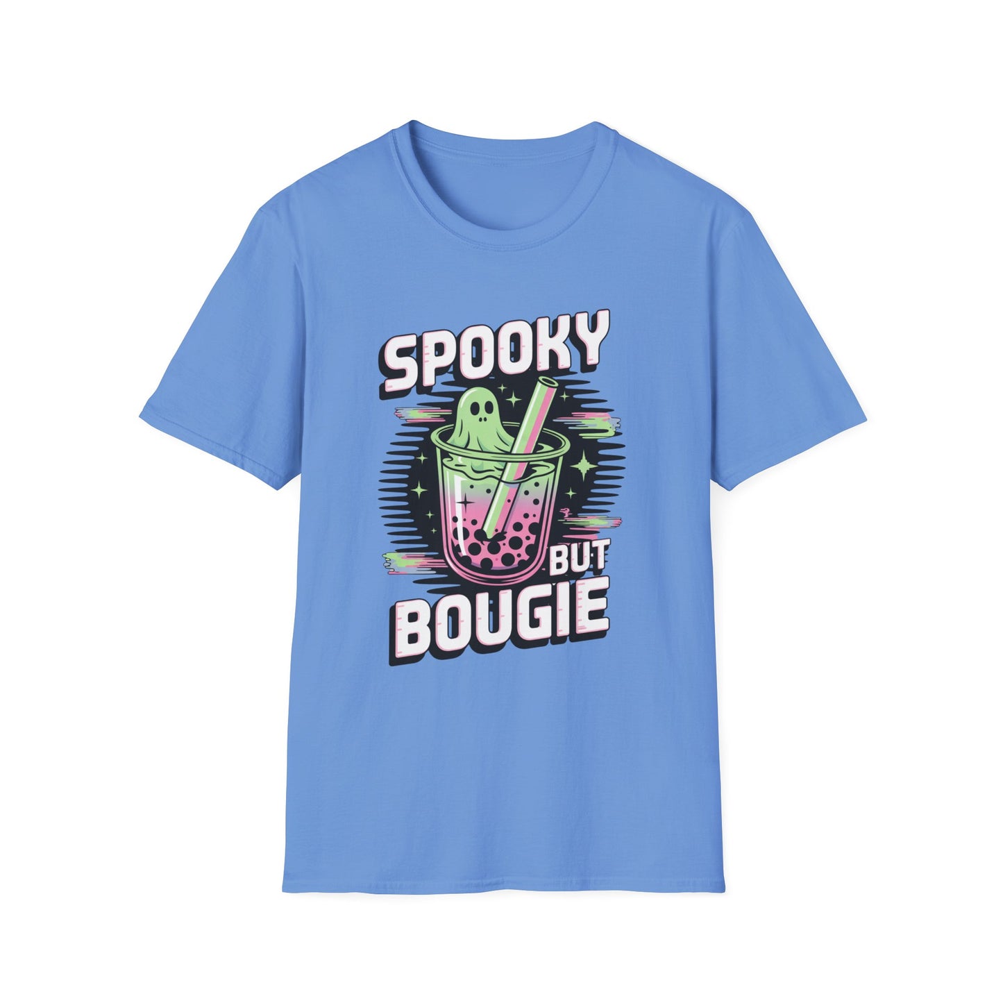 Ghostly Bubble Tea Unisex Softstyle T-Shirt, Spooky Sip, Halloween Tee, Bougie Spirit Shirt, Pastel Sparkles Shirt, Haunted Beverage Top