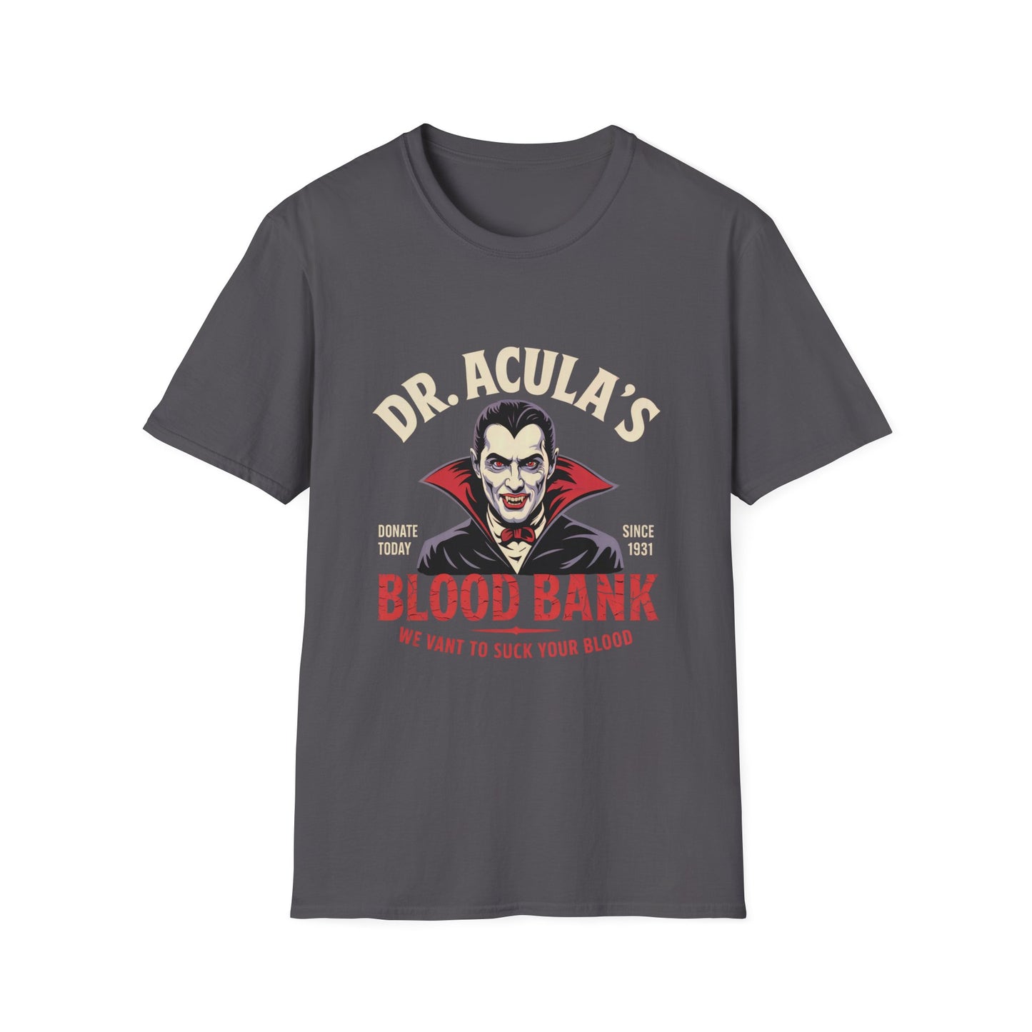 Dr. Acula's Blood Bank Softstyle T-Shirt, Halloween Shirt, Colorful Pop Art Tee, Funny Dracula Satire Shirt, Blood Bank