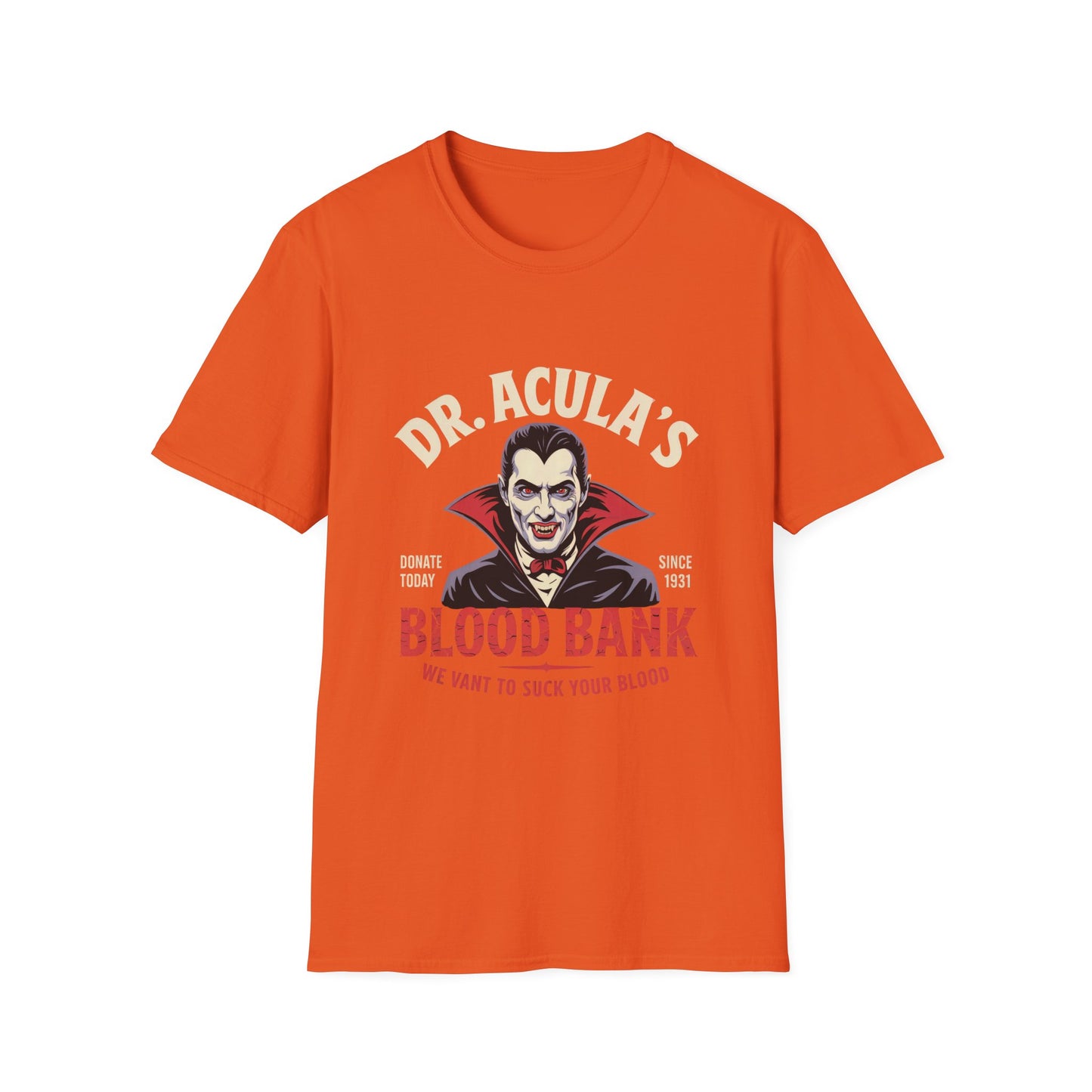 Dr. Acula's Blood Bank Softstyle T-Shirt, Halloween Shirt, Colorful Pop Art Tee, Funny Dracula Satire Shirt, Blood Bank