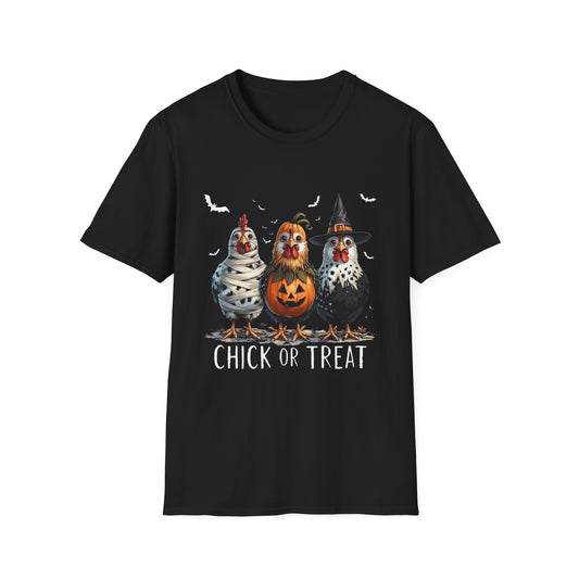 Chick or Treat Softstyle T-Shirt, Trick or Treat Tee, Spooky Halloween Shirt, Sarcastic Chicken Shirt