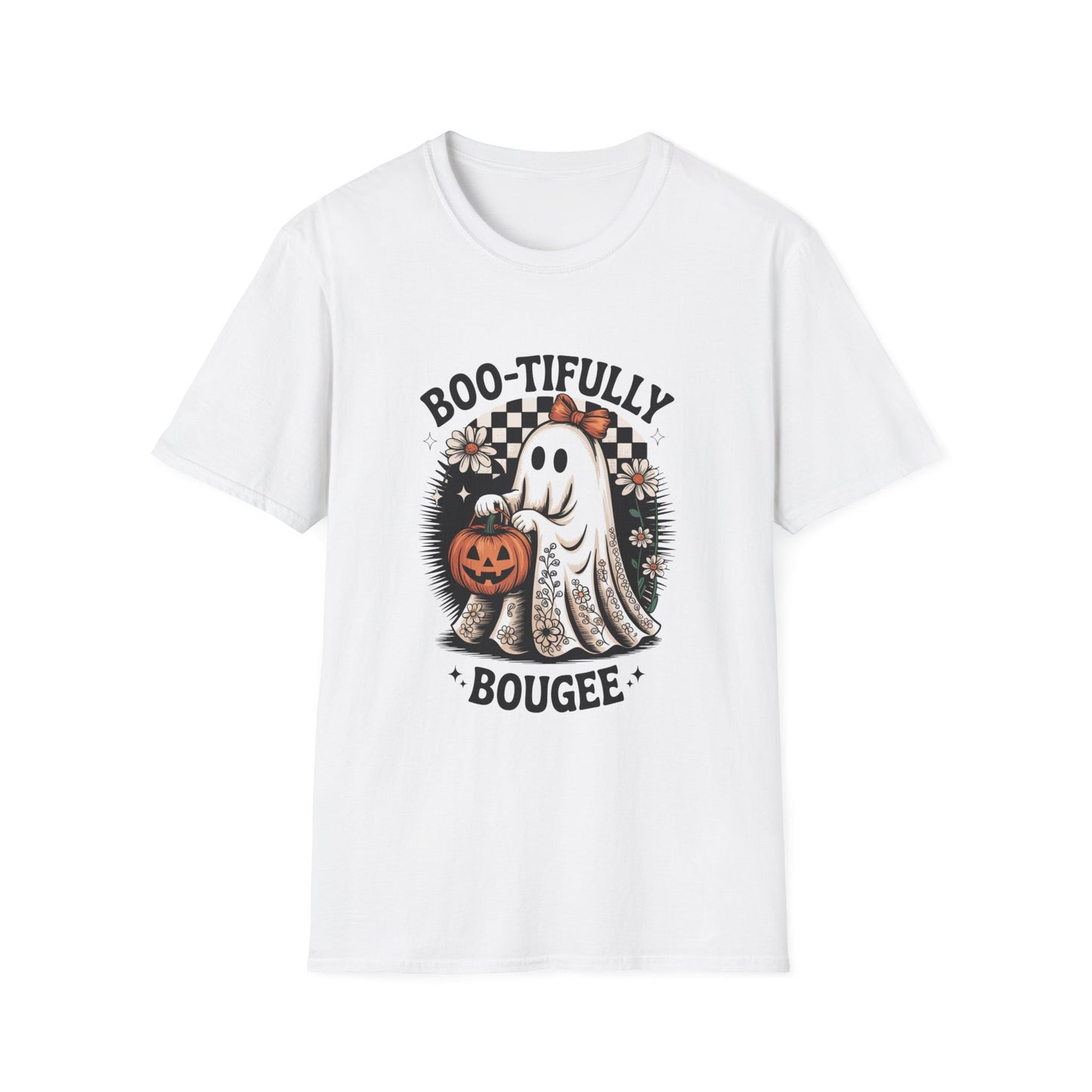 Boo-tifully Bougee Unisex Softstyle T-Shirt - Ghostlike Pop-Art Mascot Tee, Halloween Trick-or-Treat Apparel
