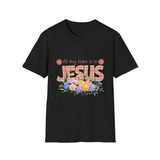All My Hope Is in Jesus – Floral Faith Tee with Plaid Lettering