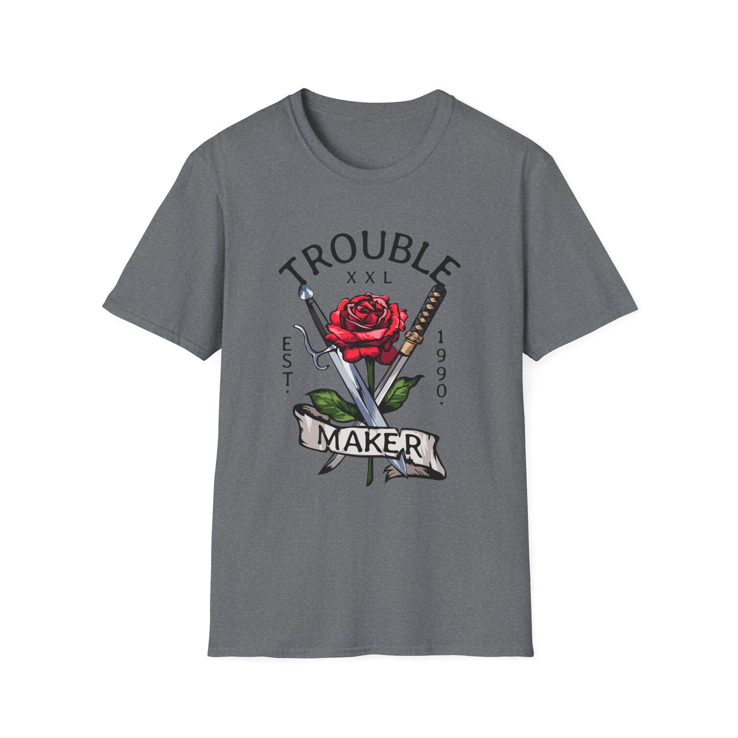 Trouble Maker Graphic T-Shirt with Red Rose and Swords Design