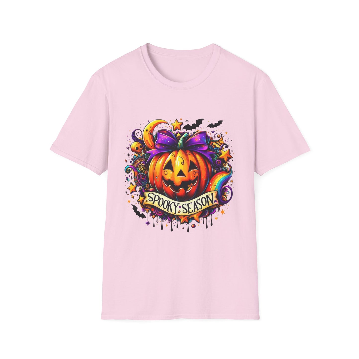 Jack-O'-Lantern Celebration Softstyle T-Shirt, Halloween Shirt, Colorful Pop Art Tee, Festive Chaos Top, Sparkly Rainbow Swirl Tshirt