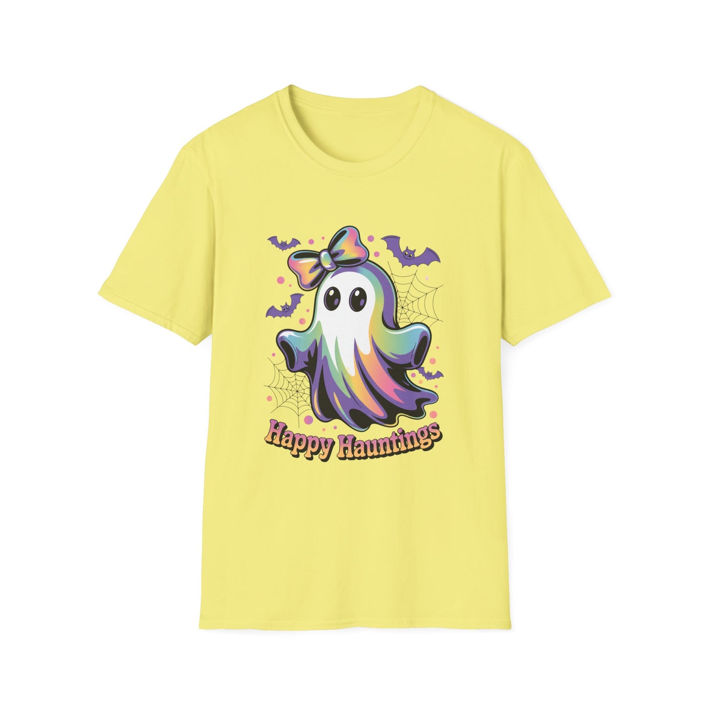 Happy Hauntings Unisex Softstyle T-Shirt - Ghostlike Pop-Art Mascot Tee, Halloween Trick-or-Treat Apparel