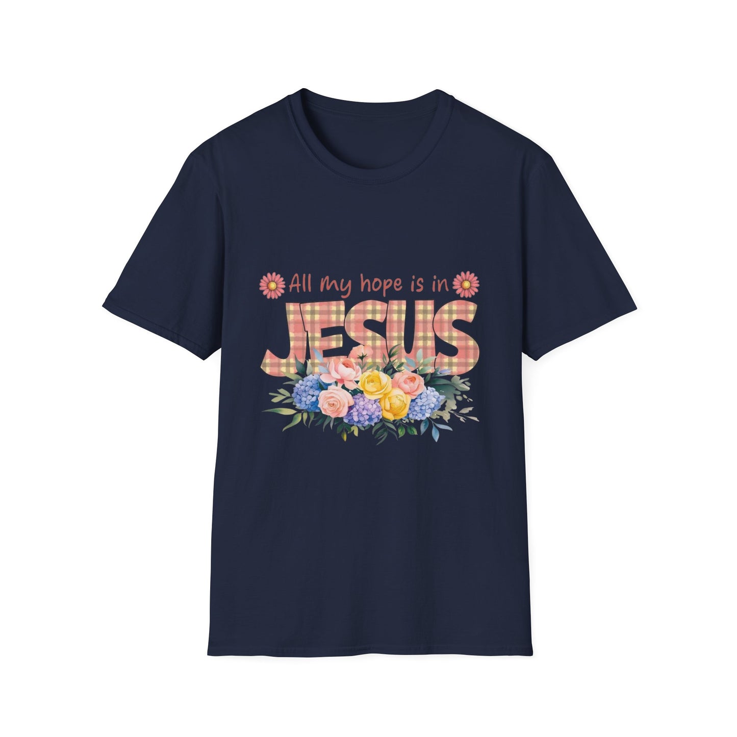 All My Hope Is in Jesus – Floral Faith Tee with Plaid Lettering
