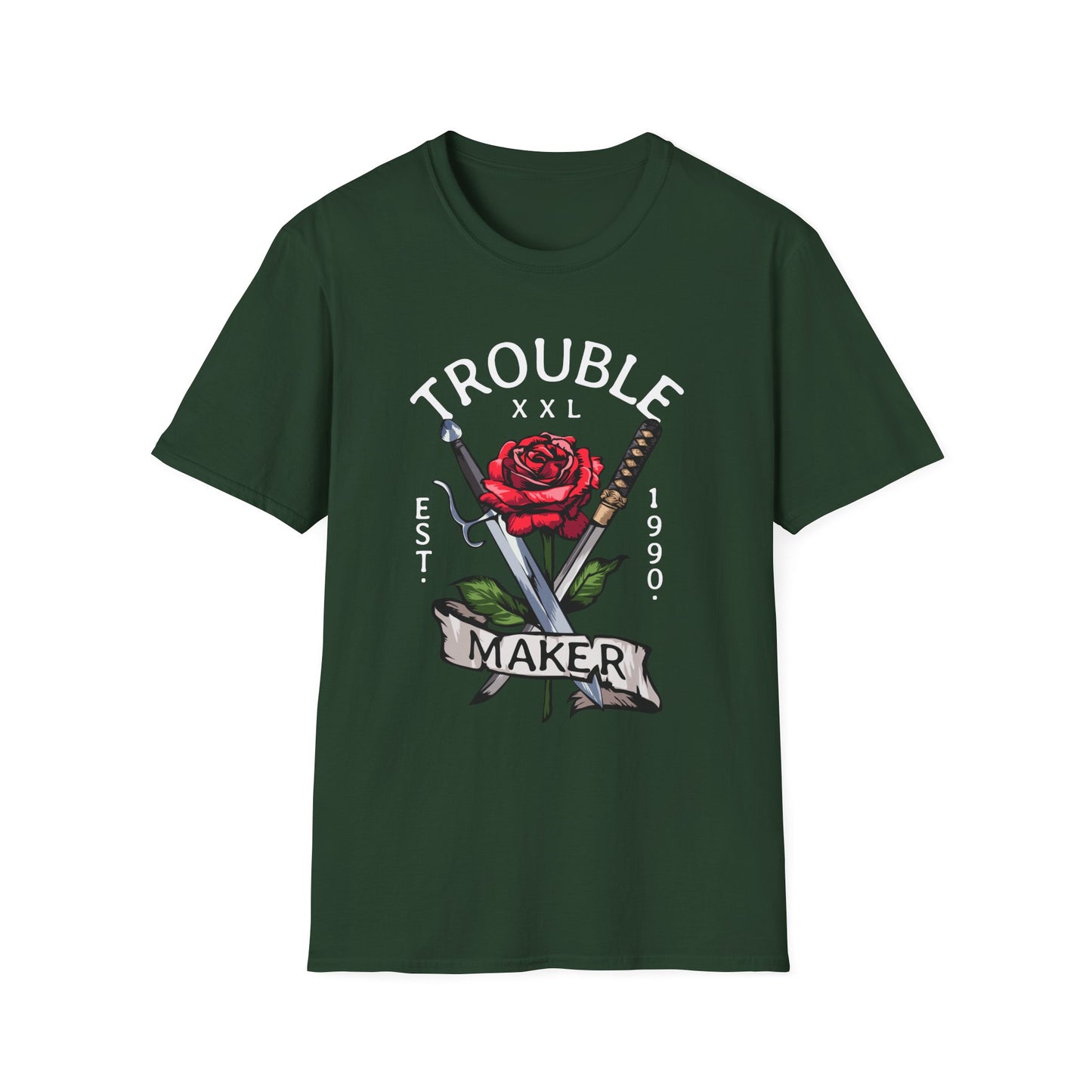 Trouble Maker Graphic T-Shirt with Red Rose and Swords Design