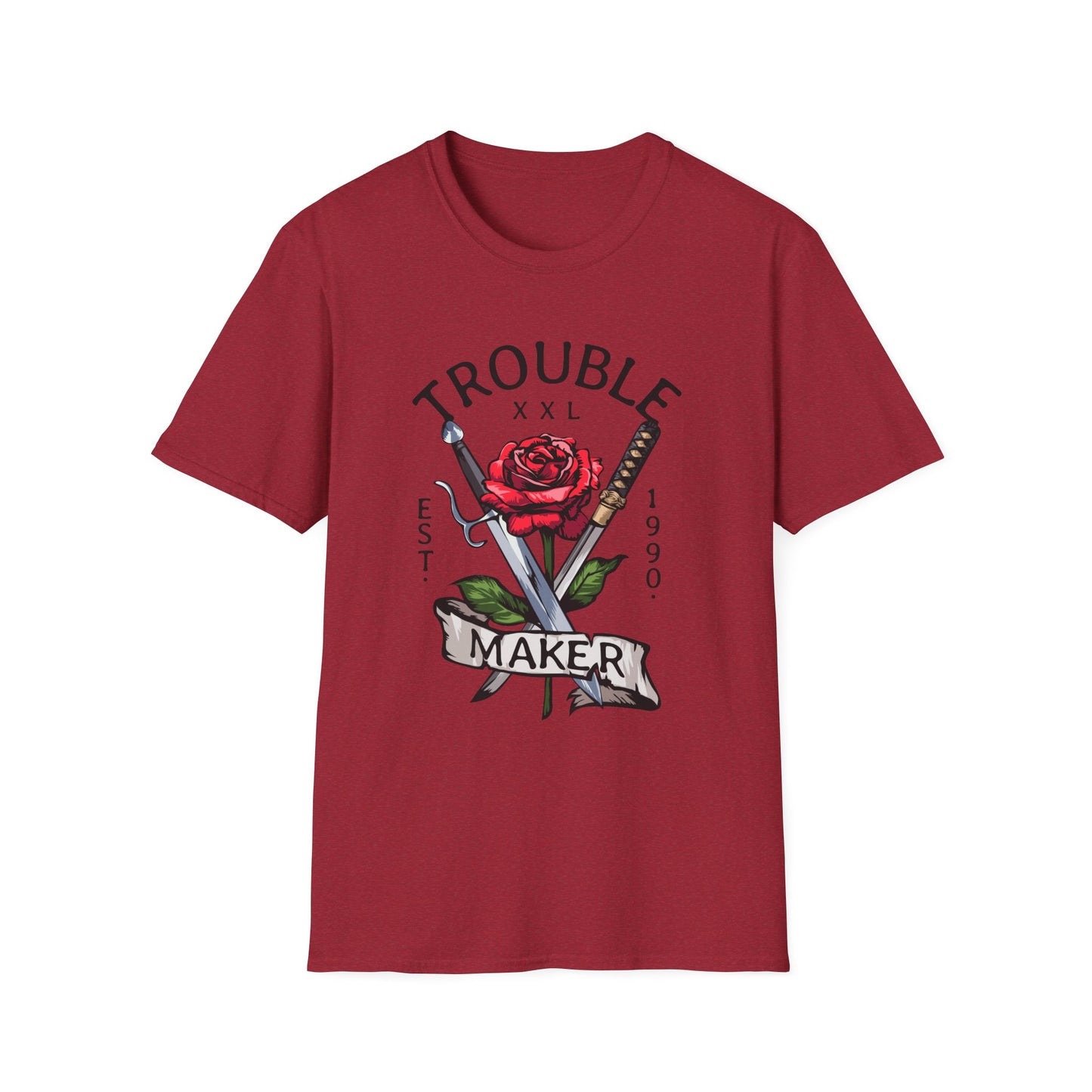 Trouble Maker Graphic T-Shirt with Red Rose and Swords Design