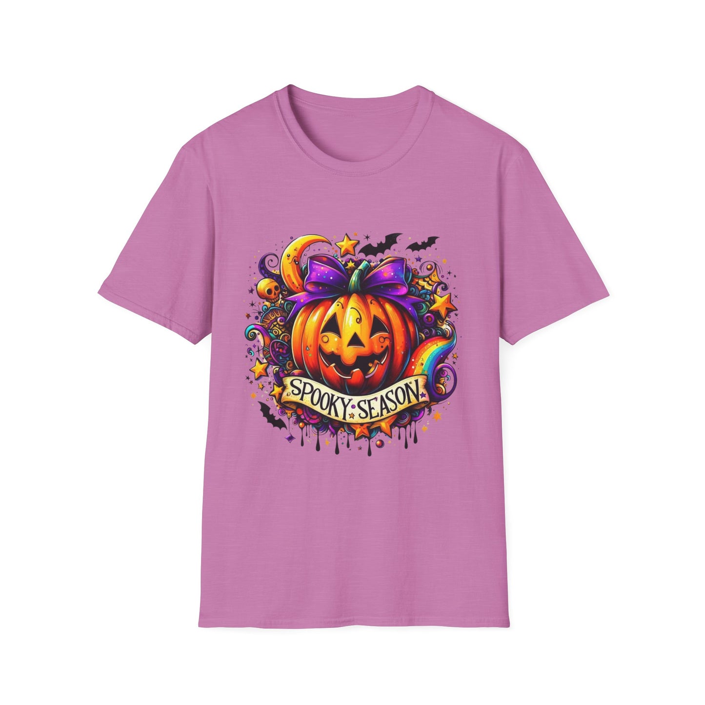 Jack-O'-Lantern Celebration Softstyle T-Shirt, Halloween Shirt, Colorful Pop Art Tee, Festive Chaos Top, Sparkly Rainbow Swirl Tshirt
