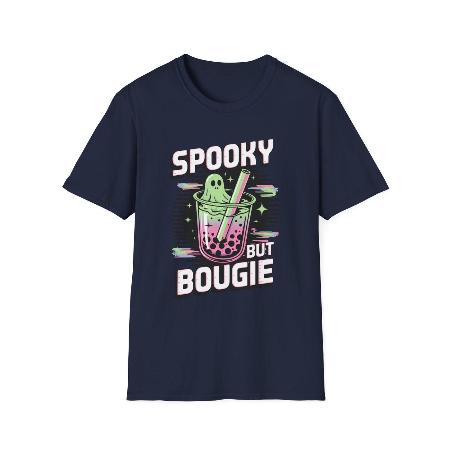 Ghostly Bubble Tea Unisex Softstyle T-Shirt, Spooky Sip, Halloween Tee, Bougie Spirit Shirt, Pastel Sparkles Shirt, Haunted Beverage Top