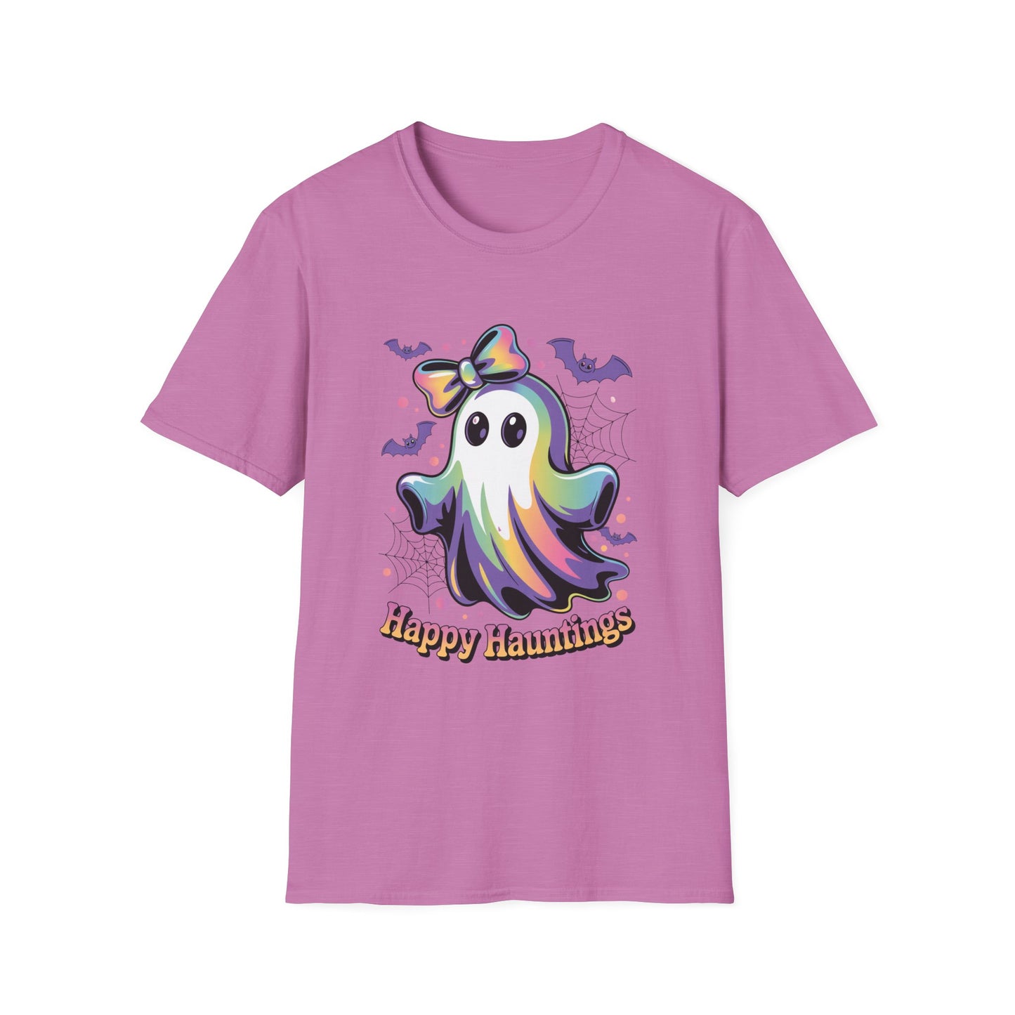 Happy Hauntings Unisex Softstyle T-Shirt - Ghostlike Pop-Art Mascot Tee, Halloween Trick-or-Treat Apparel
