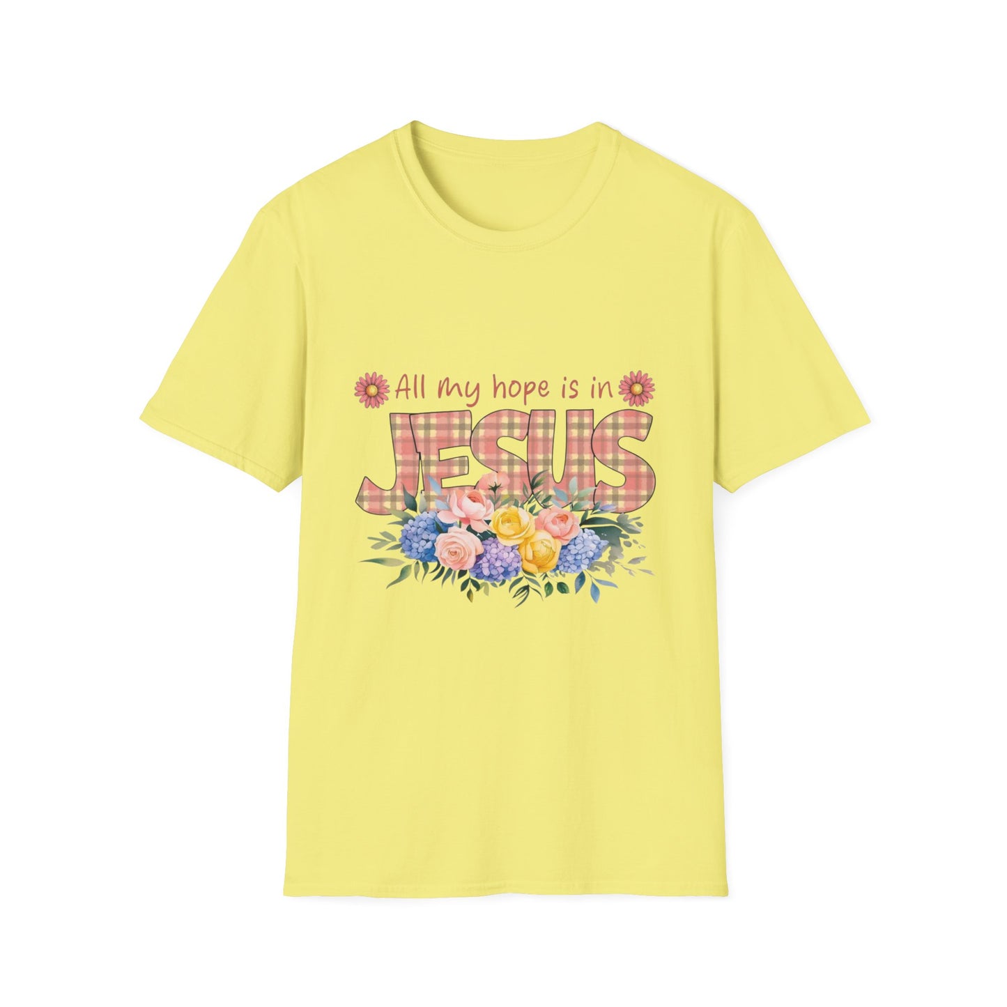 All My Hope Is in Jesus – Floral Faith Tee with Plaid Lettering
