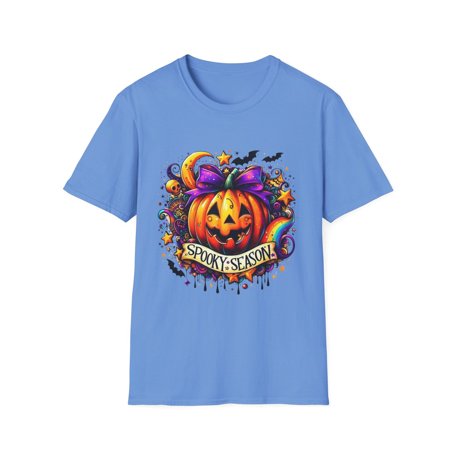 Jack-O'-Lantern Celebration Softstyle T-Shirt, Halloween Shirt, Colorful Pop Art Tee, Festive Chaos Top, Sparkly Rainbow Swirl Tshirt