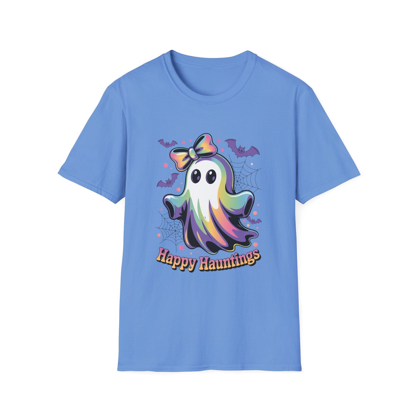 Happy Hauntings Unisex Softstyle T-Shirt - Ghostlike Pop-Art Mascot Tee, Halloween Trick-or-Treat Apparel