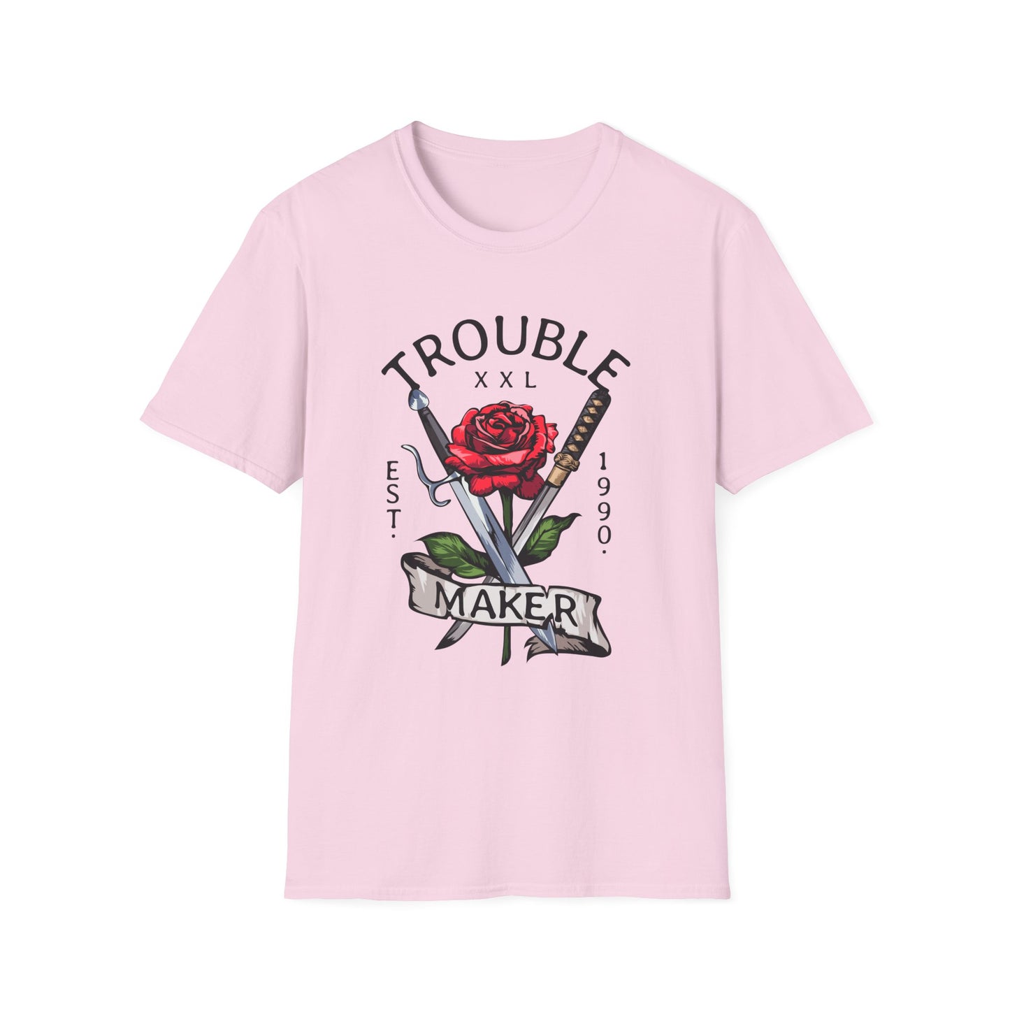 Trouble Maker Graphic T-Shirt with Red Rose and Swords Design
