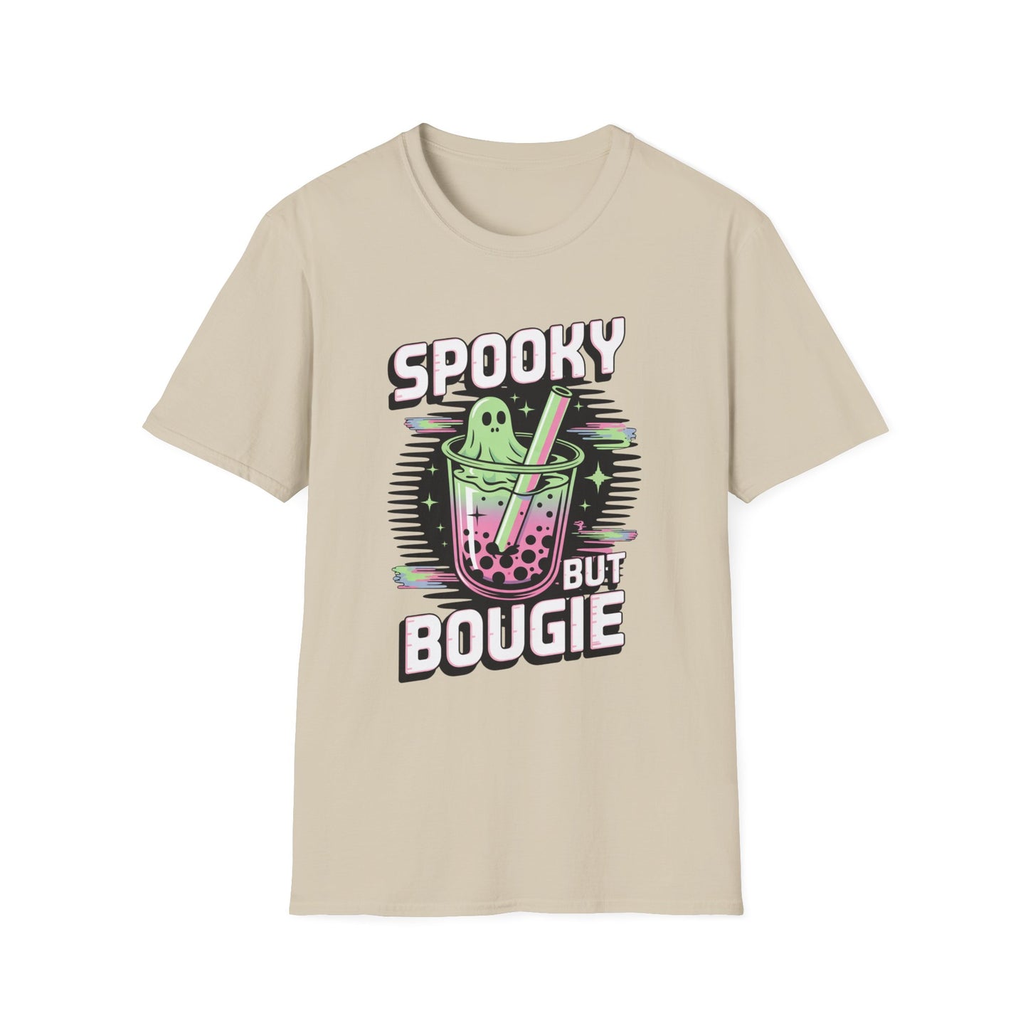 Ghostly Bubble Tea Unisex Softstyle T-Shirt, Spooky Sip, Halloween Tee, Bougie Spirit Shirt, Pastel Sparkles Shirt, Haunted Beverage Top
