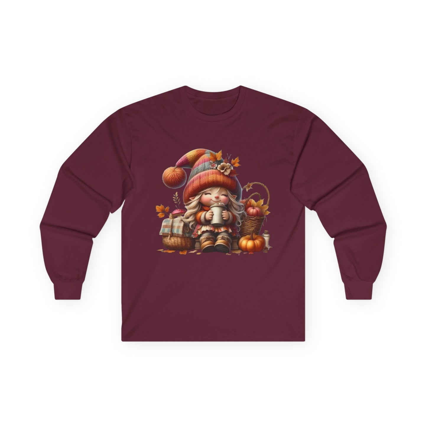 “Cozy Cup Gnome” Long Sleeve Tee – Autumn Hearth Edition