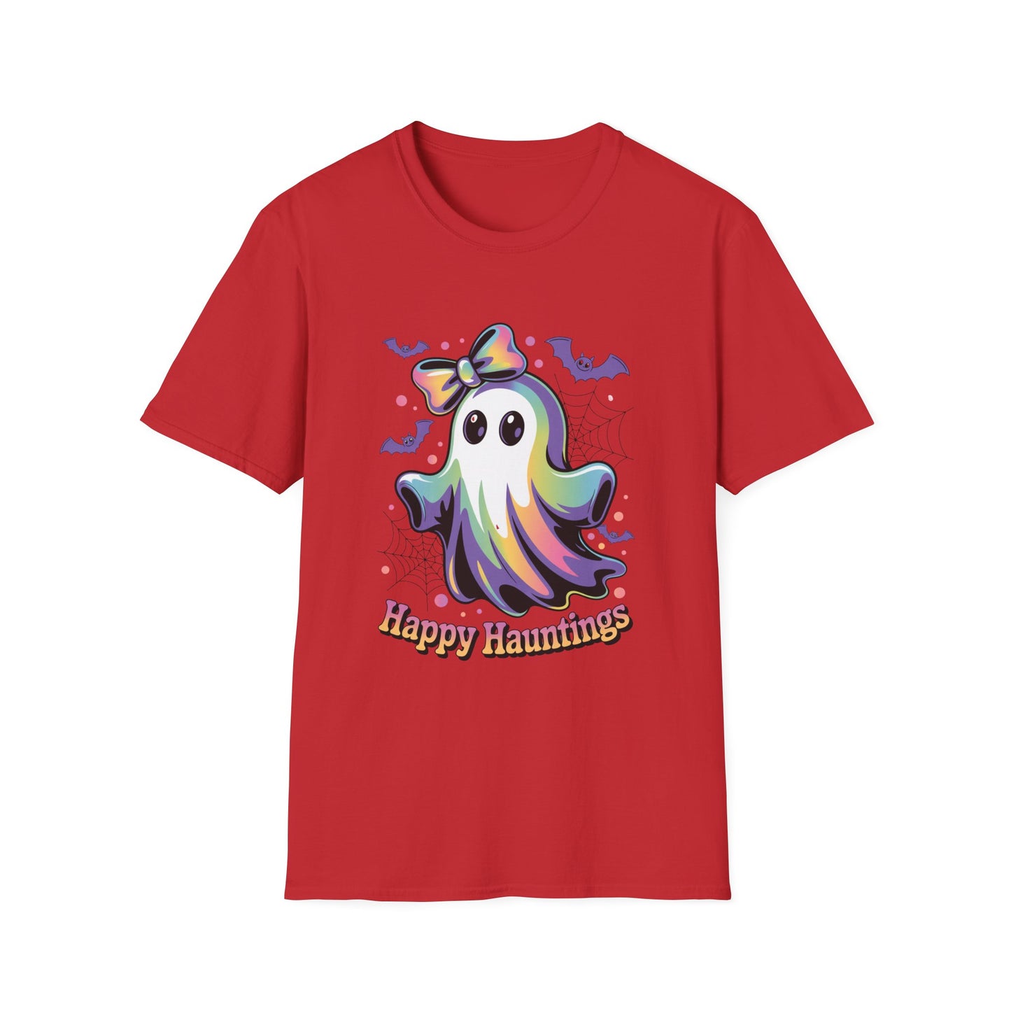 Happy Hauntings Unisex Softstyle T-Shirt - Ghostlike Pop-Art Mascot Tee, Halloween Trick-or-Treat Apparel