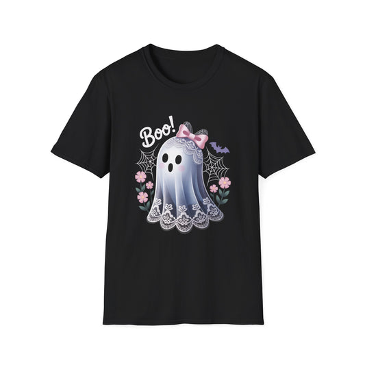 Lace Ghost T-Shirt, Halloween Tee, Cute Spooky Shirt, Haunted Flower Top, Pastel Goth Apparel, All-Occasion Casual Wear, Unisex Softstyle
