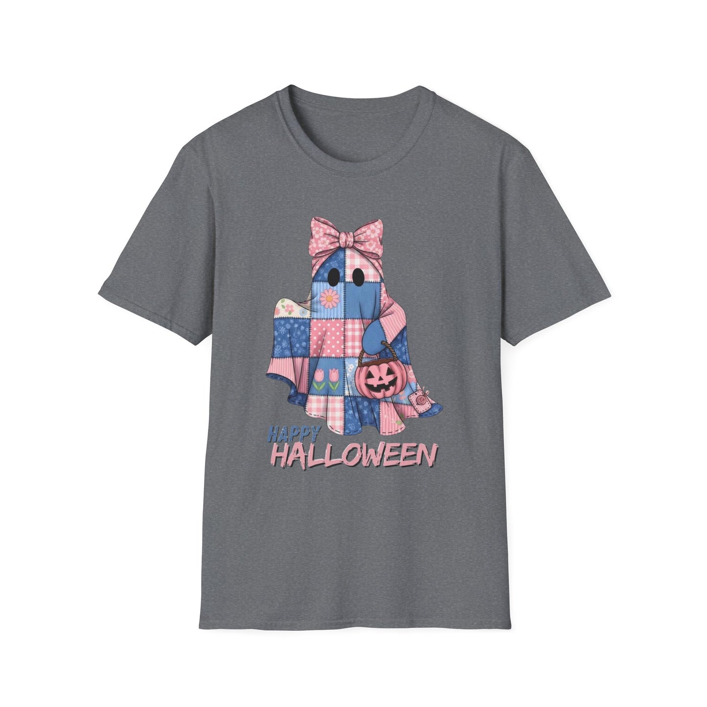 Patch and Boo, Spooky Happy Plush Character Unisex Softstyle T-Shirt, Halloween Trick-or-Treat Apparel, Stitched Style Shirt